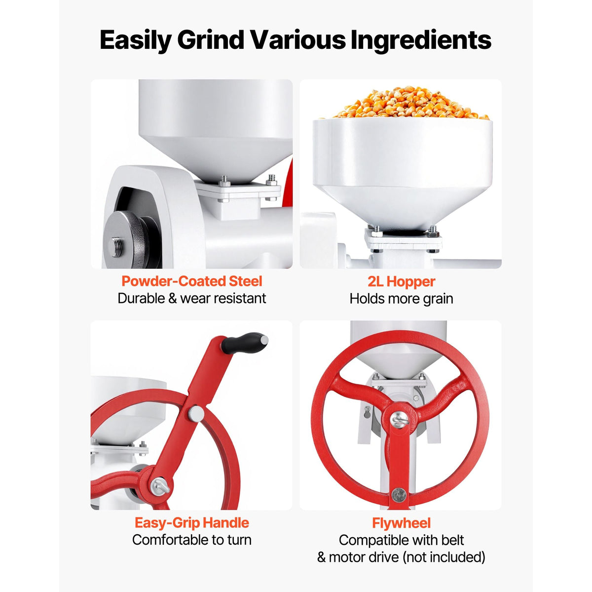 Manual Grain Mill with Flywheel, Hand-Crank Corn Grinder, Heavy-Duty Carbon Steel Wheat Grinding Mill with Adjustable Fineness & 0.53 Gallon Hopper for Grains Spices Coffee Beans Nuts