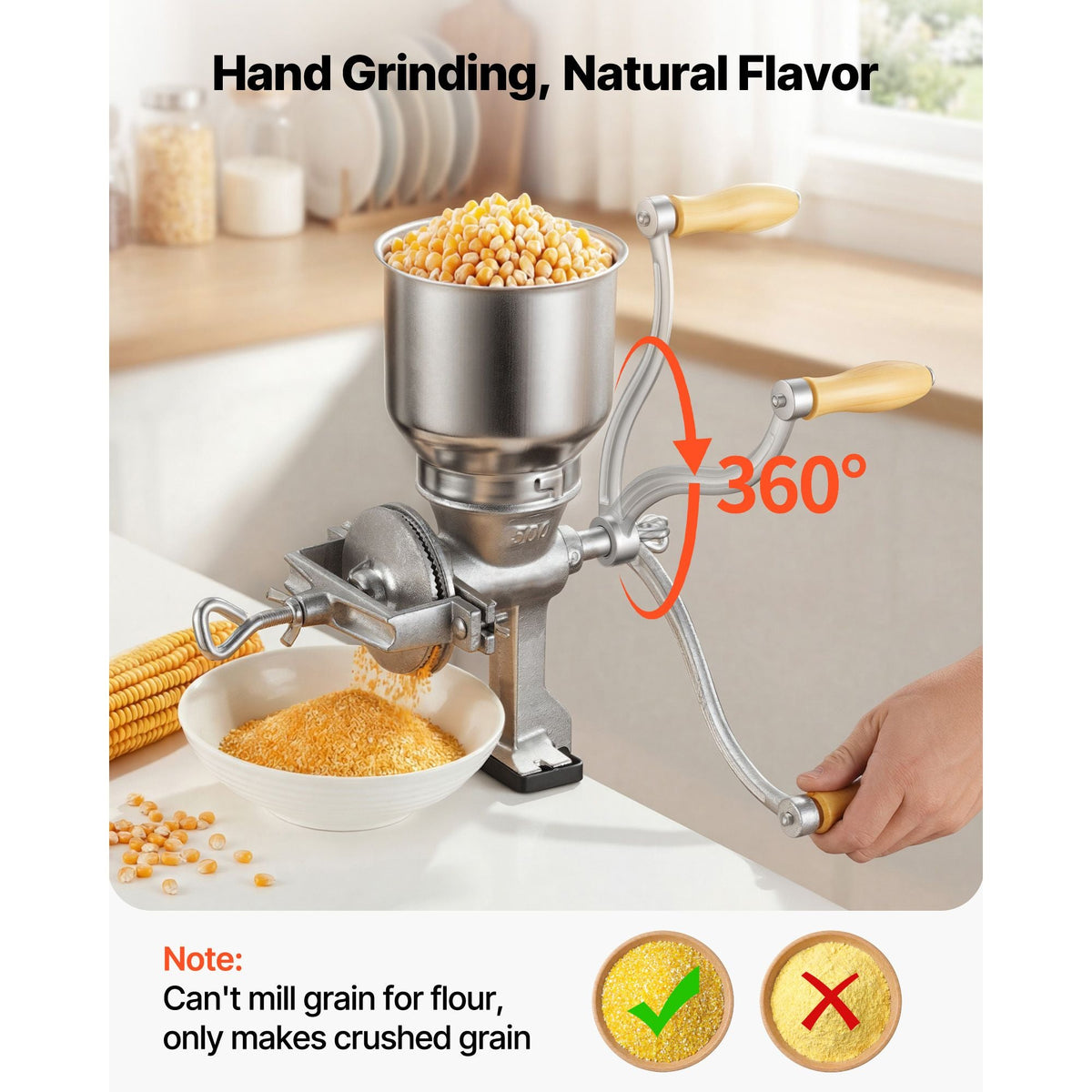 Manual Grain Mill with High Hopper, Hand-Crank Corn Grinder, Heavy Duty Cast Iron Wheat Grinding Mill with Stable Table Clamp for Grains Spices Coffee Beans Nuts