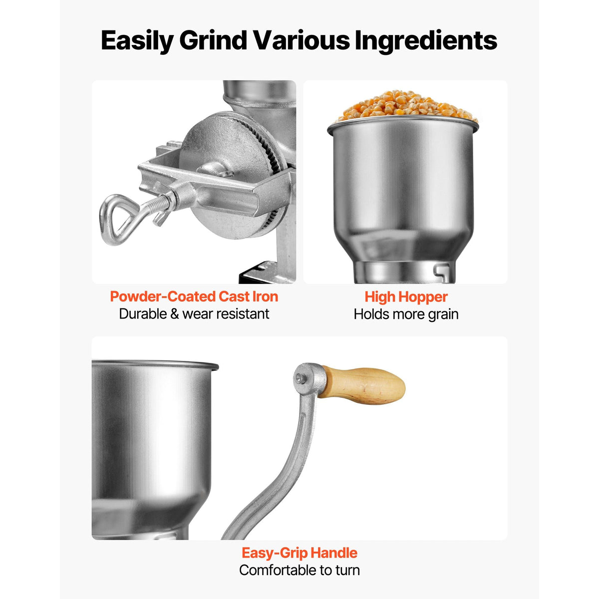 Manual Grain Mill with High Hopper, Hand-Crank Corn Grinder, Heavy Duty Cast Iron Wheat Grinding Mill with Stable Table Clamp for Grains Spices Coffee Beans Nuts