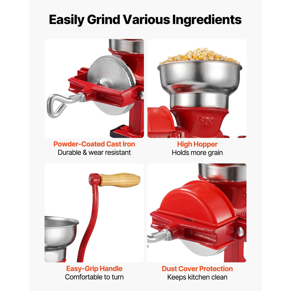 Manual Grain Mill with Low Hopper, Hand-Crank Corn Grinder, Heavy Duty Cast Iron Wheat Grinding Mill with Stable Table Clamp & Dust Cover for Grains Spices Coffee Beans Nuts
