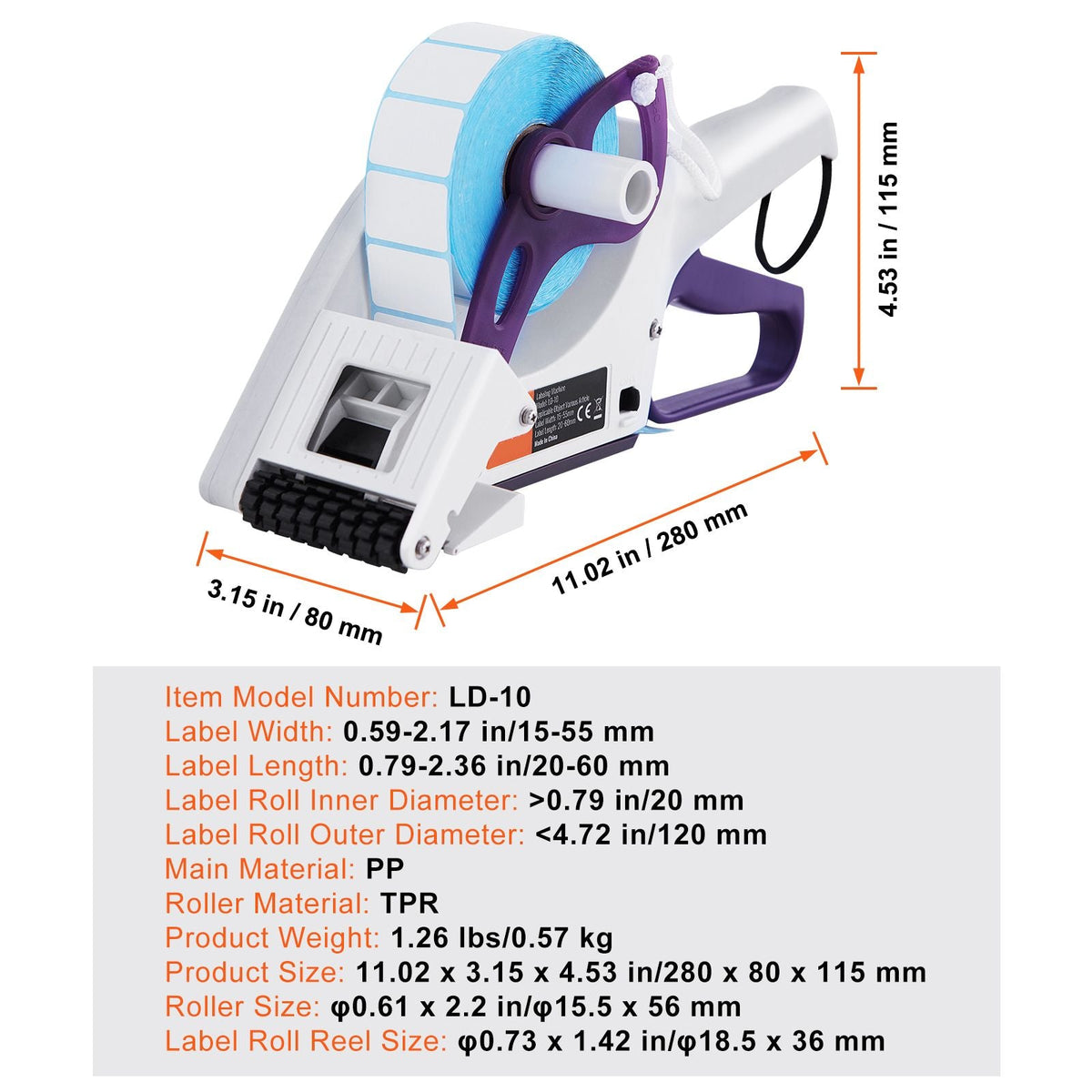 Manual Label Applicator, 0.59-2.17 inches Label Width, 0.79-2.36 inches Label Length, Portable Hand-Held Labeling Machine with Label Roll and TPR Roller for Round Bottles, Boxes, Fruits Labeling