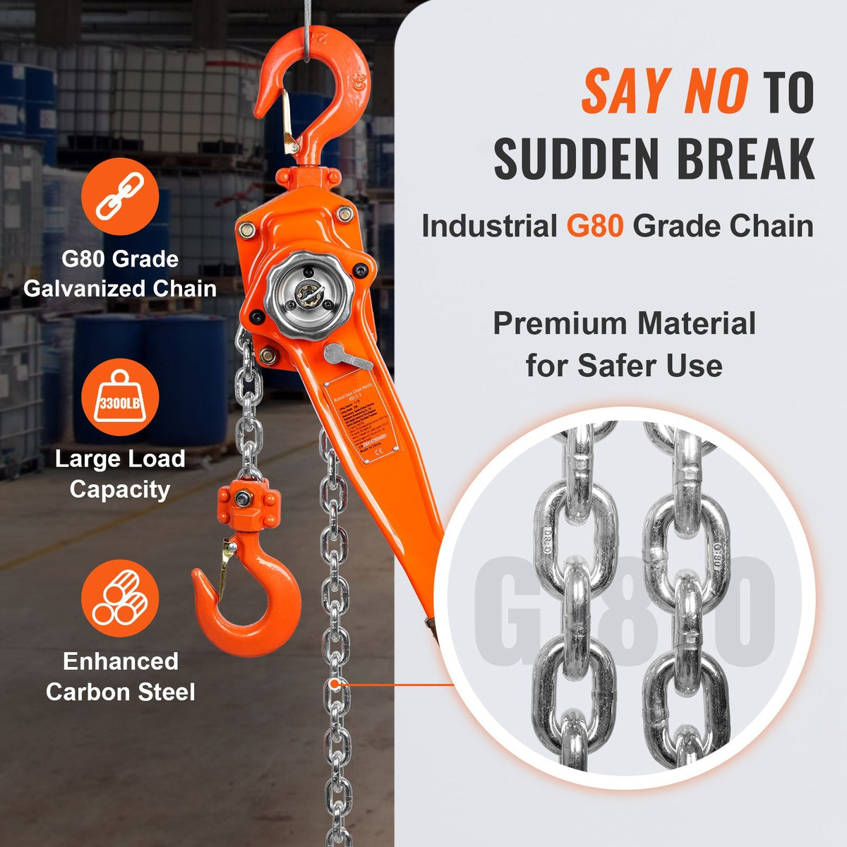 Manual Lever Chain Hoist, 1-1/2 Ton 3300 lbs Capacity 20 FT Come Along, G80 Galvanized Carbon Steel with Weston Double-Pawl Brake,Auto Chain Leading & 360° Rotation Hook, for Garage Factory Dock