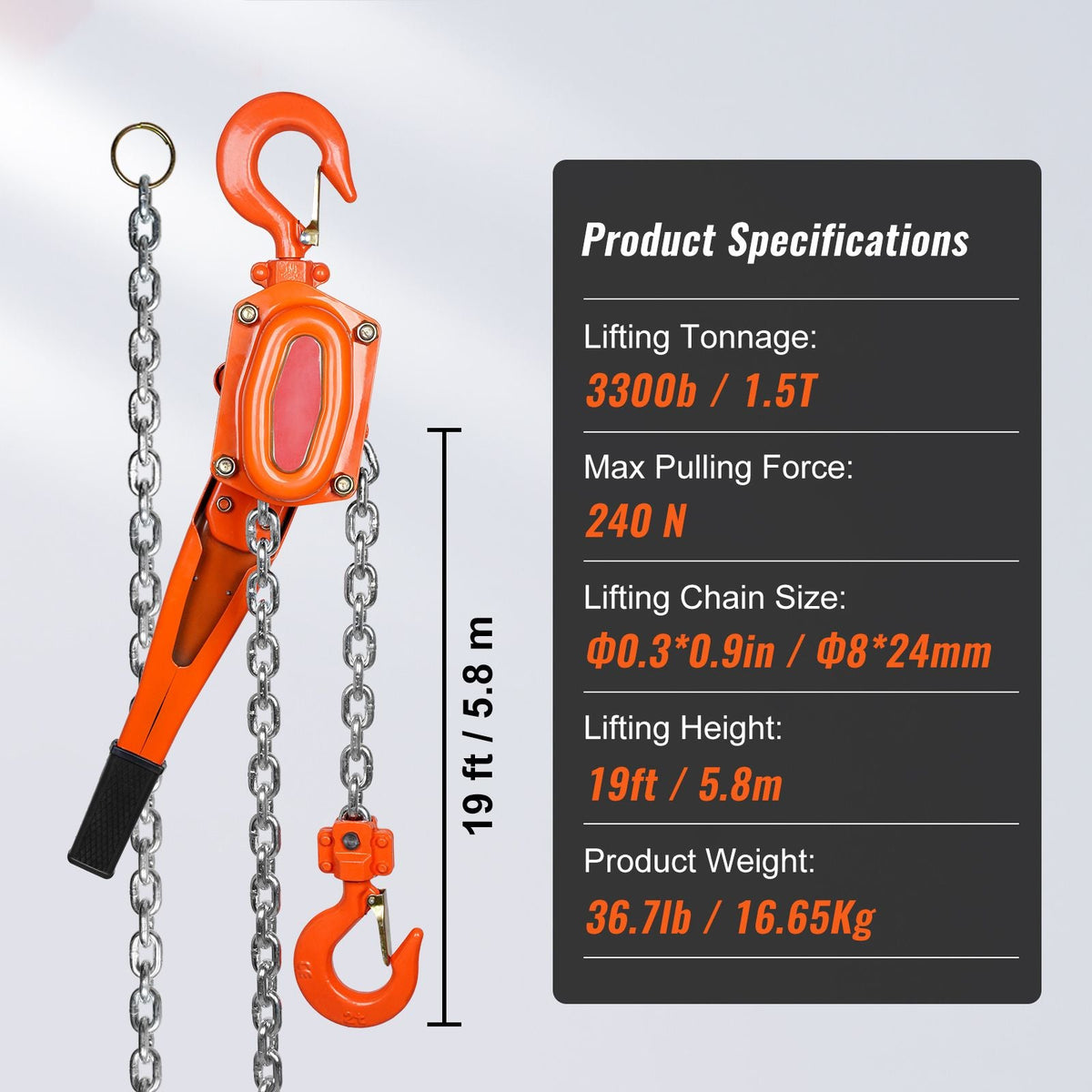 Manual Lever Chain Hoist, 1-1/2 Ton 3300 lbs Capacity 20 FT Come Along, G80 Galvanized Carbon Steel with Weston Double-Pawl Brake,Auto Chain Leading & 360° Rotation Hook, for Garage Factory Dock