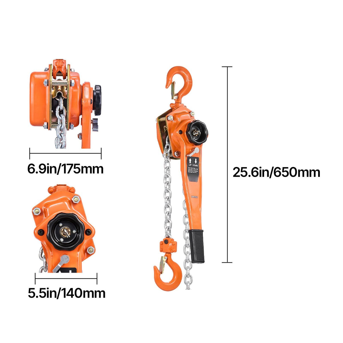 Manual Lever Chain Hoist, 1-1/2T 3300LBS Capacity Heavy Duty Come Along, 10FT Lift G80 Alloy Steel Chain With Dual Pawl Mechanical Brake,360°Rotating Hooks, for Warehouse Construction Garage