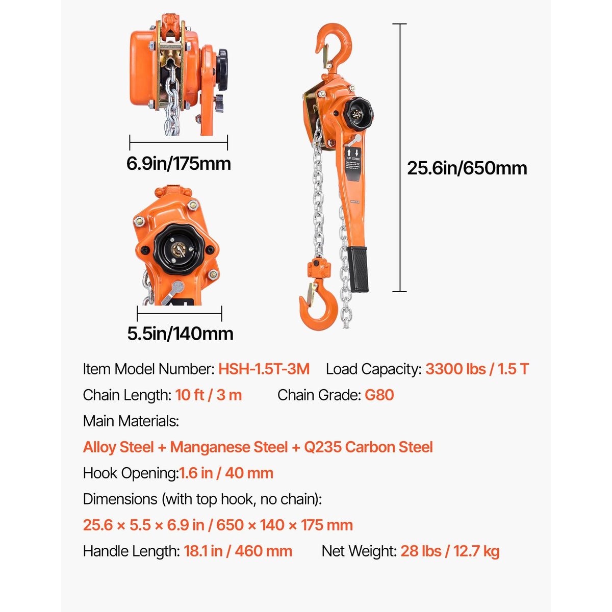 Manual Lever Chain Hoist, 1-1/2T 3300LBS Capacity Heavy Duty Come Along, 10FT Lift G80 Alloy Steel Chain With Dual Pawl Mechanical Brake,360°Rotating Hooks, for Warehouse Construction Garage