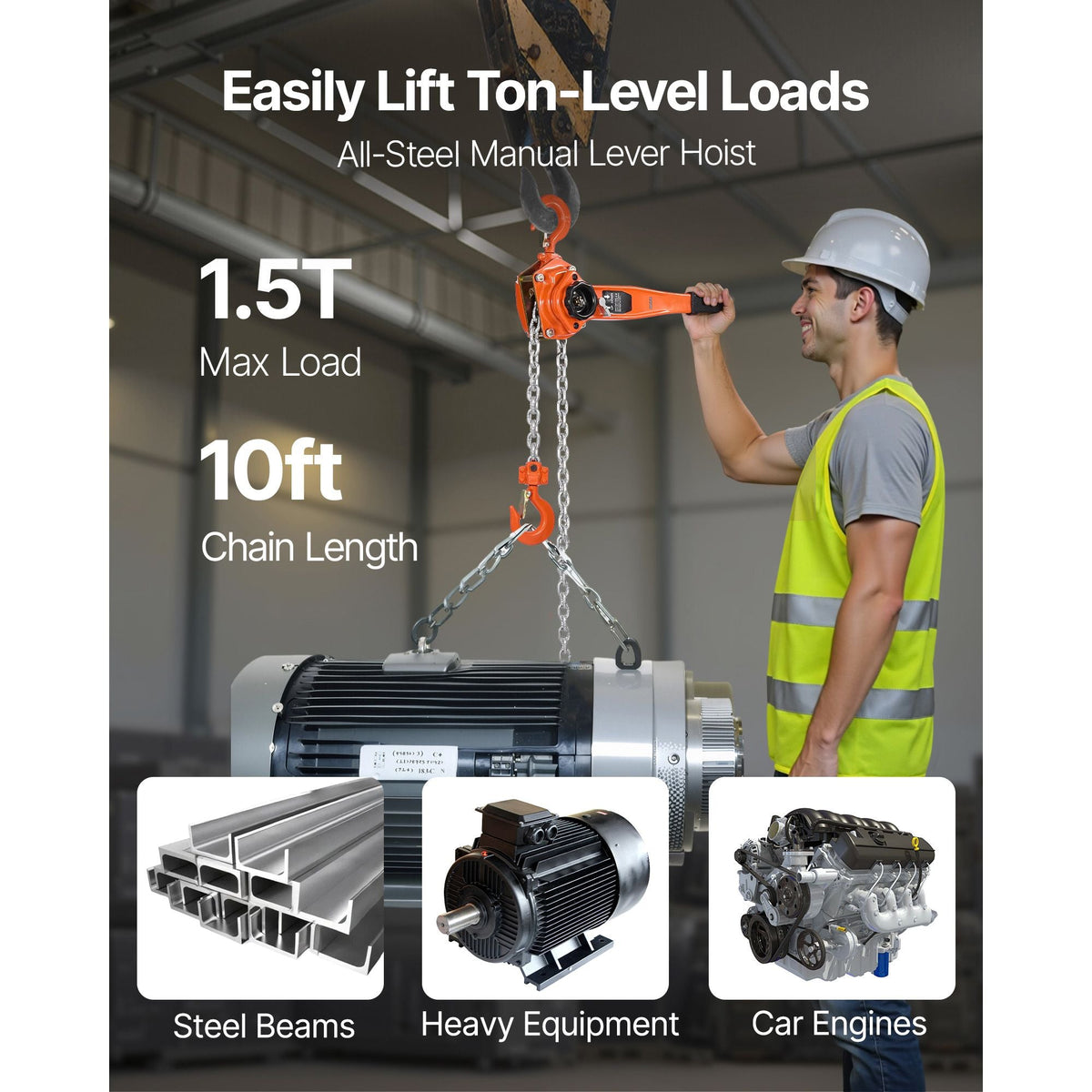 Manual Lever Chain Hoist, 1-1/2T 3300LBS Capacity Heavy Duty Come Along, 10FT Lift G80 Alloy Steel Chain With Dual Pawl Mechanical Brake,360°Rotating Hooks, for Warehouse Construction Garage
