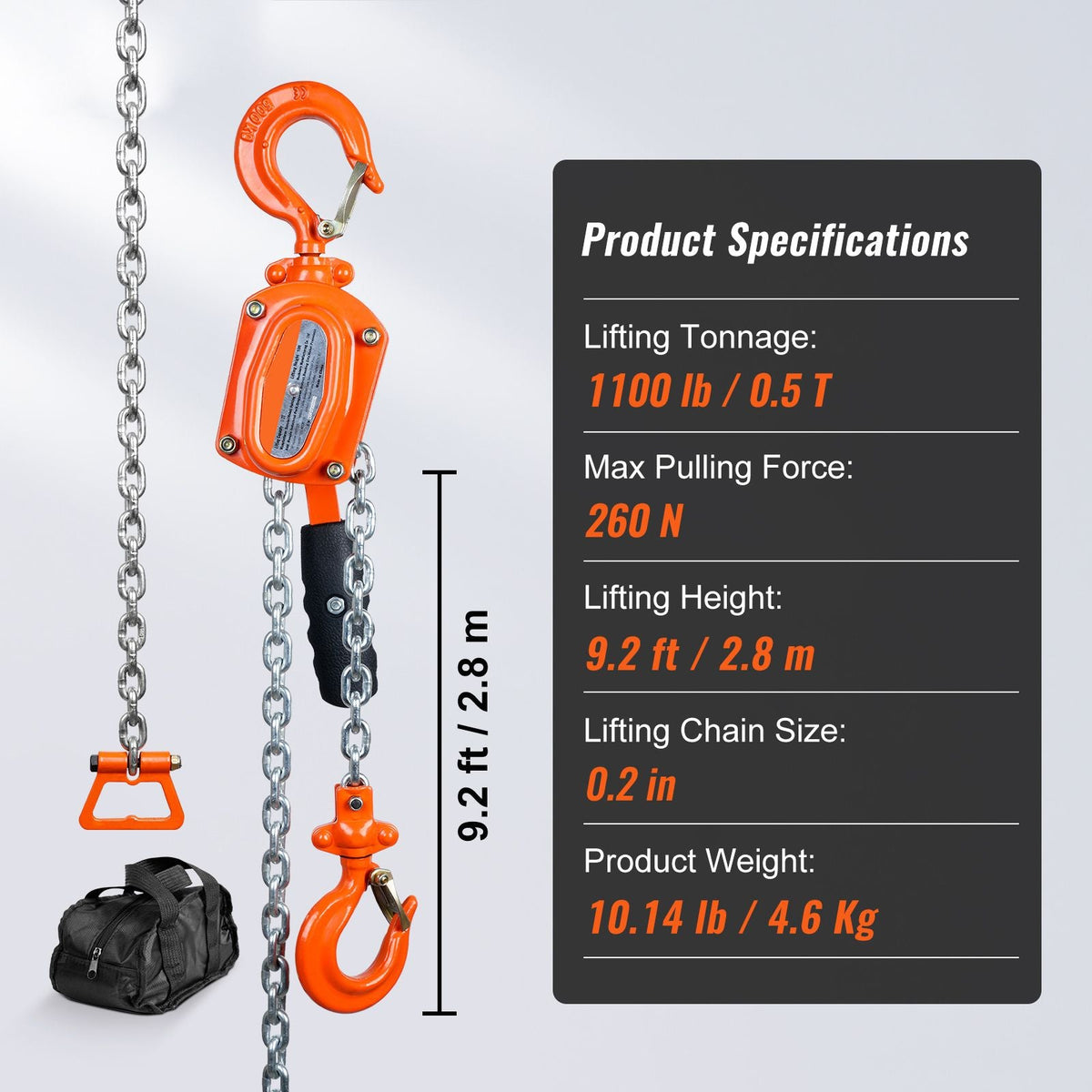 Manual Lever Chain Hoist, 1/2 Ton 1100 lbs Capacity 10 FT Come Along, G80 Galvanized Carbon Steel with Weston Double-Pawl Brake, Auto Chain Leading & 360° Rotation Hook, for Garage Factory Dock