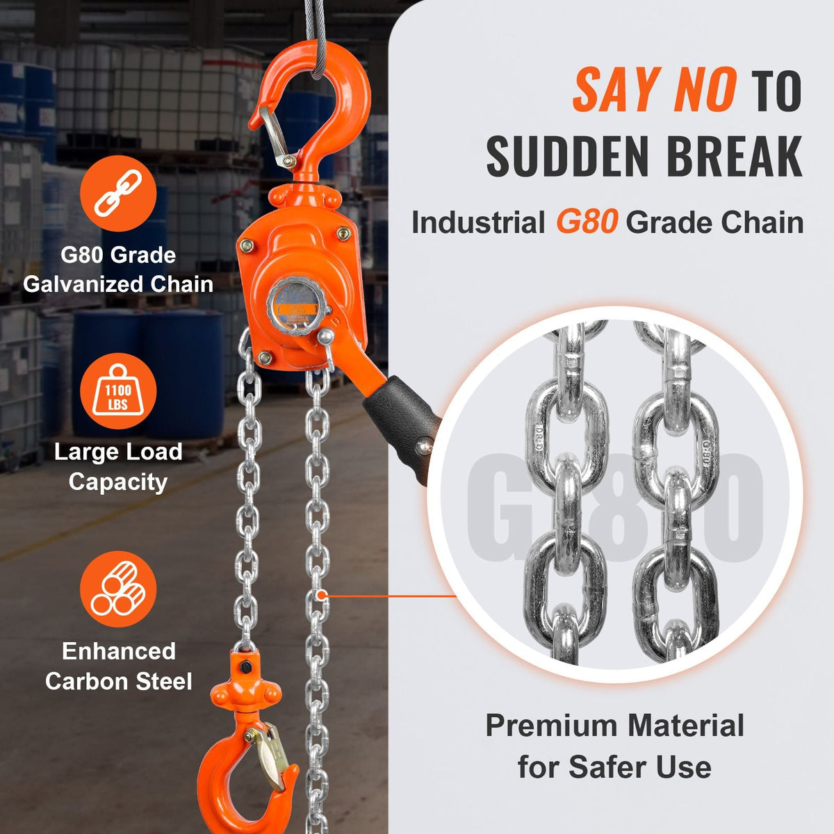 Manual Lever Chain Hoist, 1/2 Ton 1100 lbs Capacity 5 FT Come Along, G80 Galvanized Carbon Steel with Weston Double-Pawl Brake, Auto Chain Leading & 360° Rotation Hook, for Garage Factory Dock