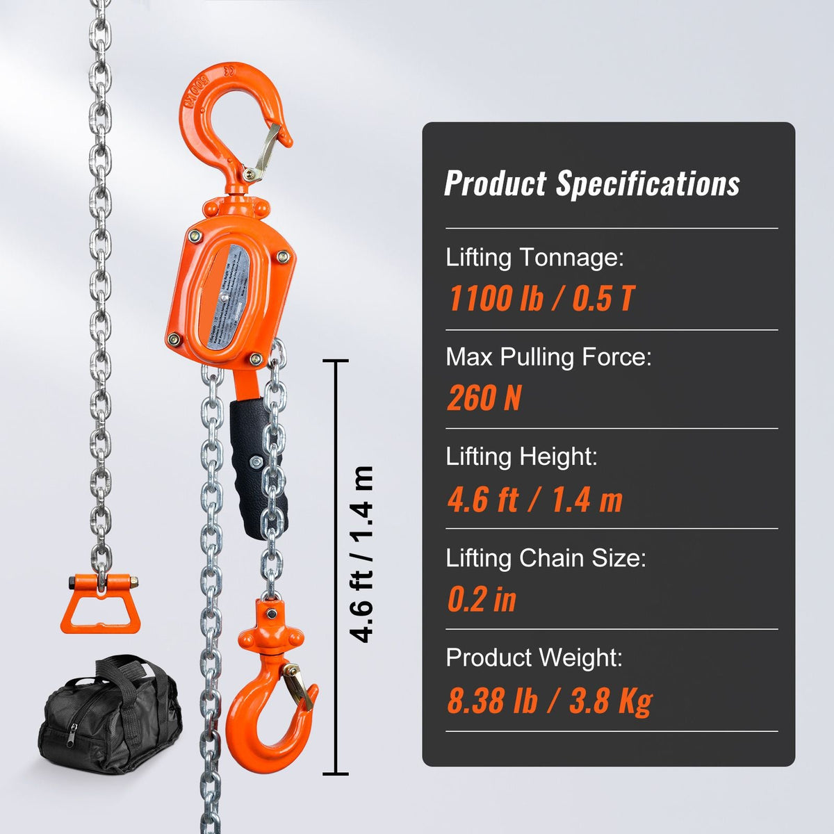 Manual Lever Chain Hoist, 1/2 Ton 1100 lbs Capacity 5 FT Come Along, G80 Galvanized Carbon Steel with Weston Double-Pawl Brake, Auto Chain Leading & 360° Rotation Hook, for Garage Factory Dock