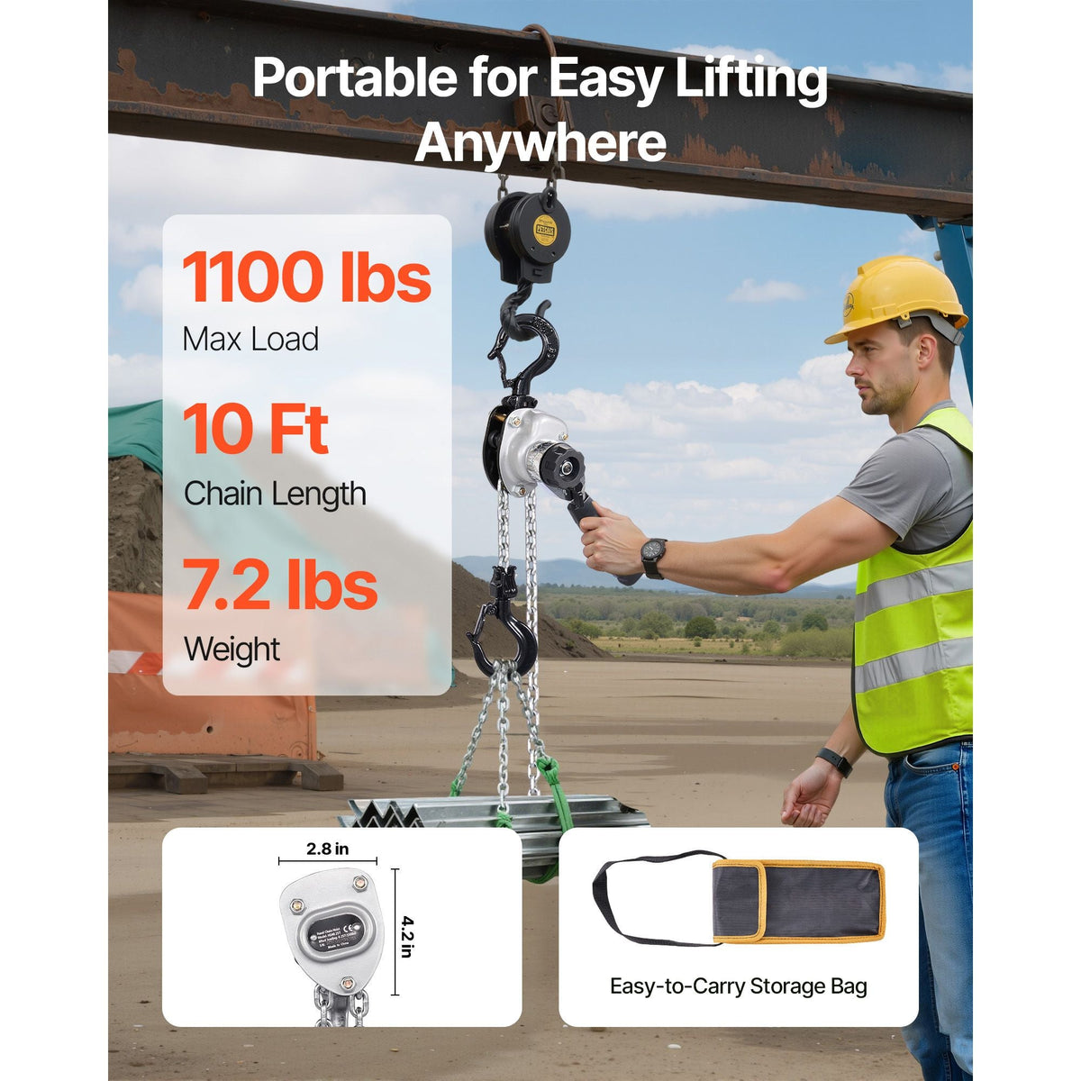 Manual Lever Chain Hoist, 1/2T 1100LBS Capacity Heavy Duty Come Along, 10FT Lift G80 Alloy Steel Chain With Dual Pawl Mechanical Brake,360°Rotating Hooks, for Warehouse Construction Garage
