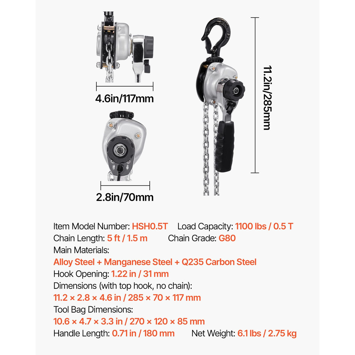 Manual Lever Chain Hoist, 1/2T 1100LBS Capacity Heavy Duty Come Along, 10FT Lift G80 Alloy Steel Chain With Dual Pawl Mechanical Brake,360°Rotating Hooks, for Warehouse Construction Garage