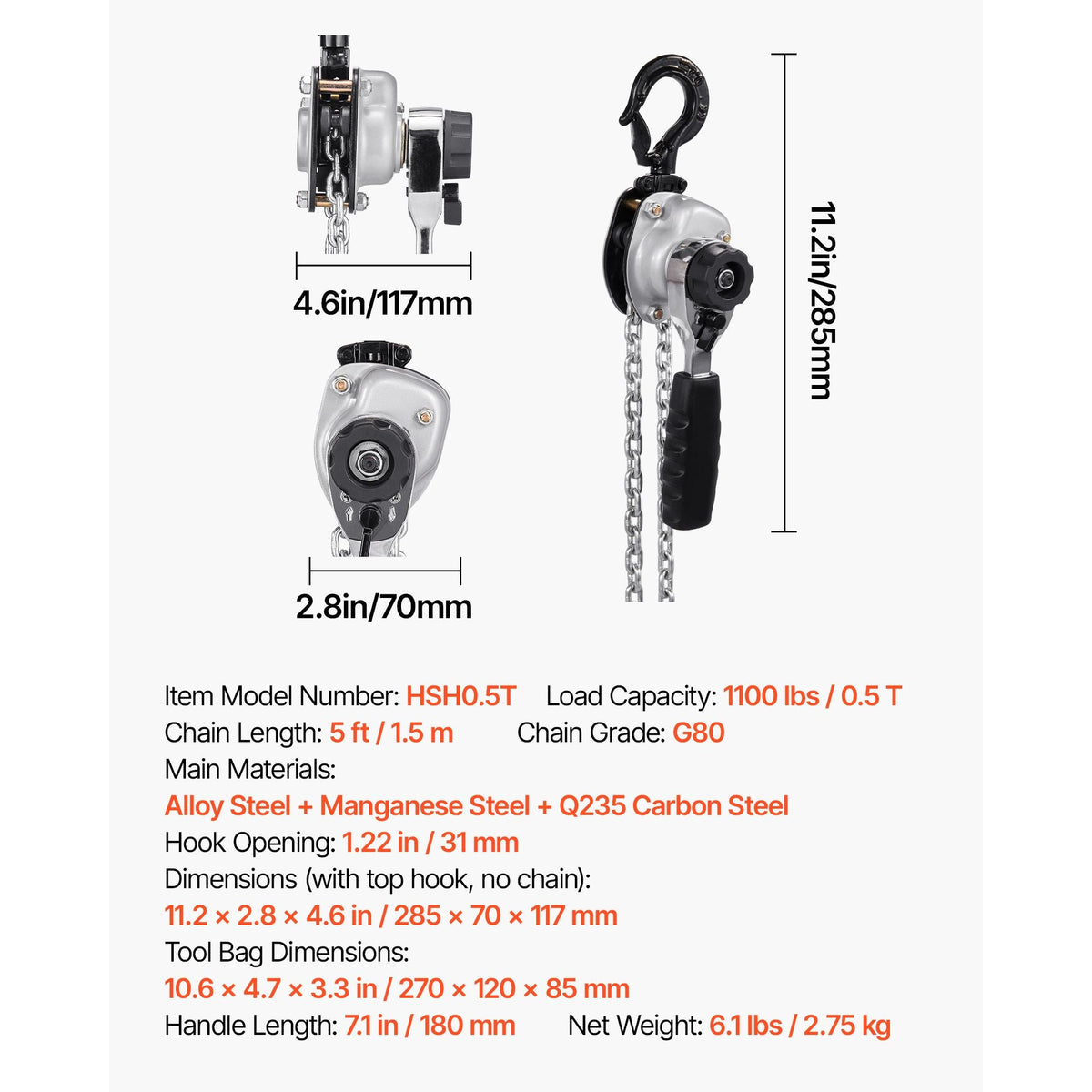Manual Lever Chain Hoist, 1/2T 1100LBS Capacity Heavy Duty Come Along, 5FT Lift G80 Alloy Steel Chain With Dual Pawl Mechanical Brake,360°Rotating Hooks, for Warehouse Construction Garage