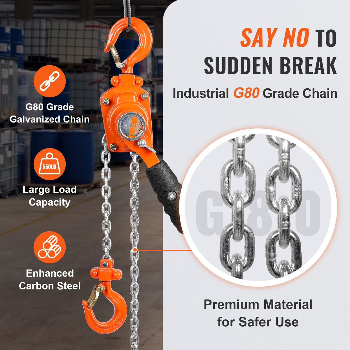 Manual Lever Chain Hoist, 1/4 Ton 550 lbs Capacity 10 FT Come Along, G80 Galvanized Carbon Steel with Weston Double-Pawl Brake, Auto Chain Leading & 360° Rotation Hook, for Garage Factory Dock