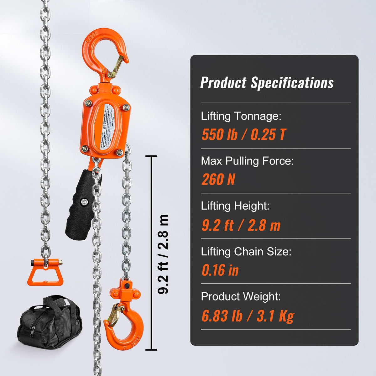Manual Lever Chain Hoist, 1/4 Ton 550 lbs Capacity 10 FT Come Along, G80 Galvanized Carbon Steel with Weston Double-Pawl Brake, Auto Chain Leading & 360° Rotation Hook, for Garage Factory Dock