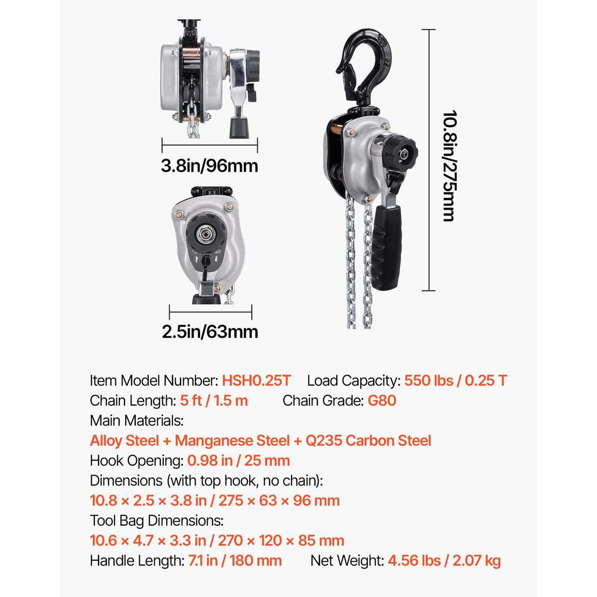 Manual Lever Chain Hoist, 1/4T 550LBS Capacity Heavy Duty Come Along, 5FT Lift G80 Alloy Steel Chain With Dual Pawl Mechanical Brake,360°Rotating Hooks, for Warehouse Construction Garage