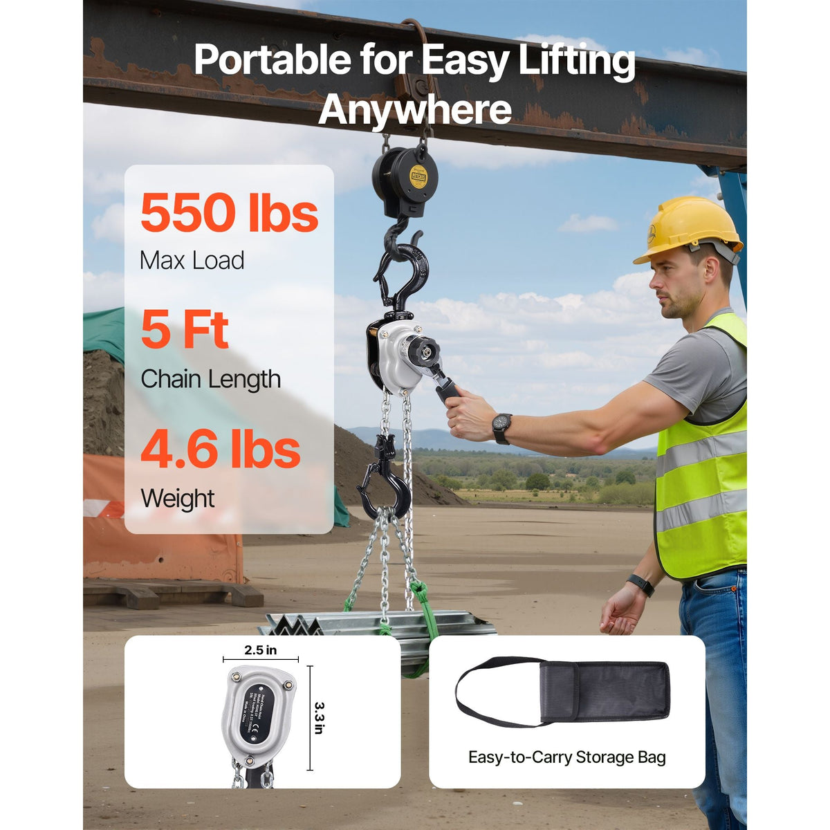Manual Lever Chain Hoist, 1/4T 550LBS Capacity Heavy Duty Come Along, 5FT Lift G80 Alloy Steel Chain With Dual Pawl Mechanical Brake,360°Rotating Hooks, for Warehouse Construction Garage
