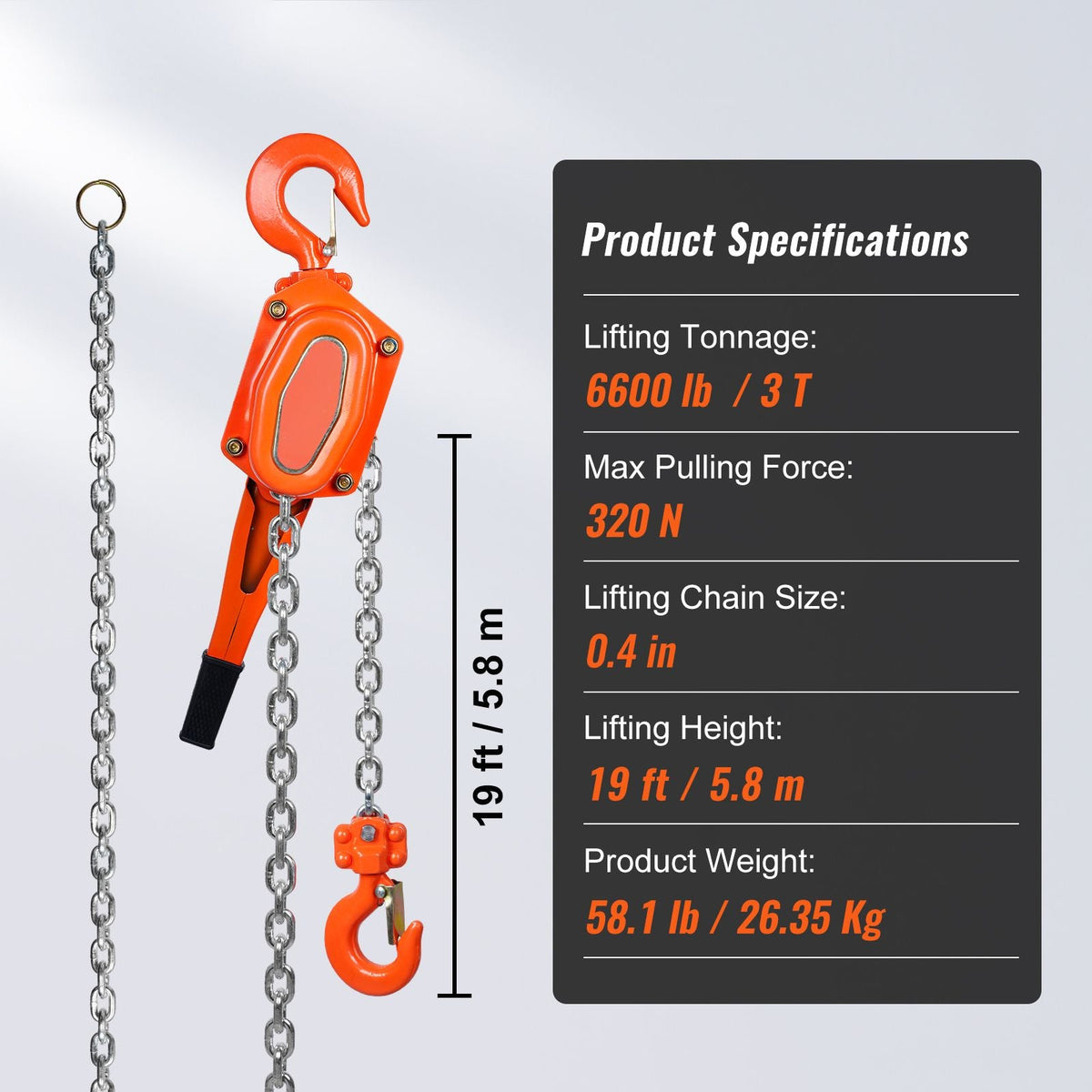 Manual Lever Chain Hoist, 3 Ton 6600 lbs Capacity 20 FT Come Along, G80 Galvanized Carbon Steel with Weston Double-Pawl Brake, Auto Chain Leading & 360° Rotation Hook, for Garage Factory Dock