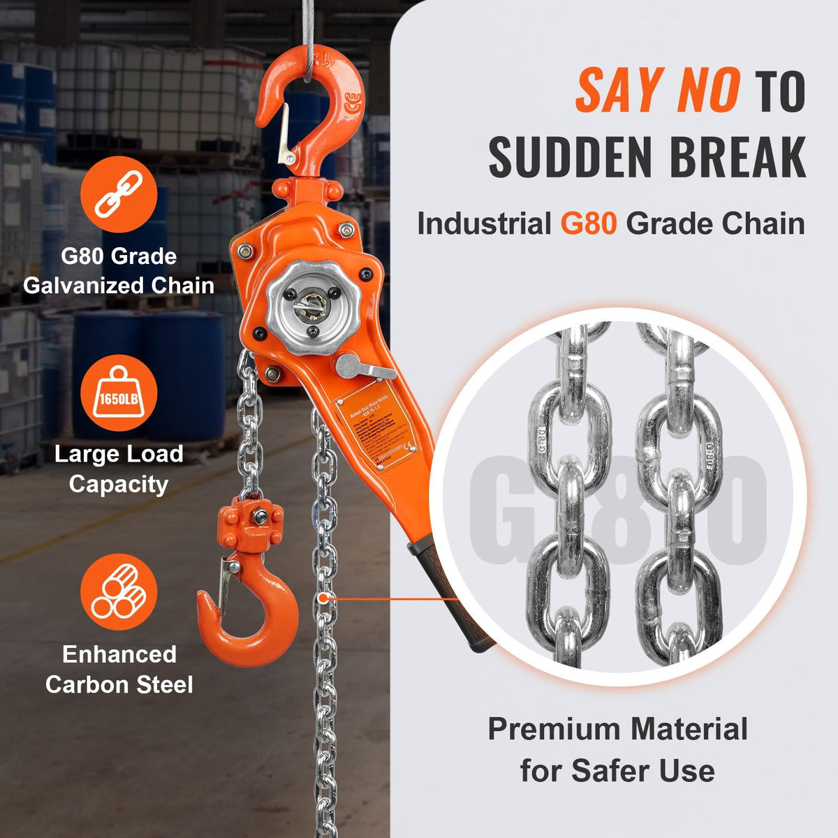 Manual Lever Chain Hoist, 3/4 Ton 1650 lbs Capacity 10 FT Come Along, G80 Galvanized Carbon Steel with Weston Double-Pawl Brake, Auto Chain Leading & 360° Rotation Hook, for Garage Factory Dock