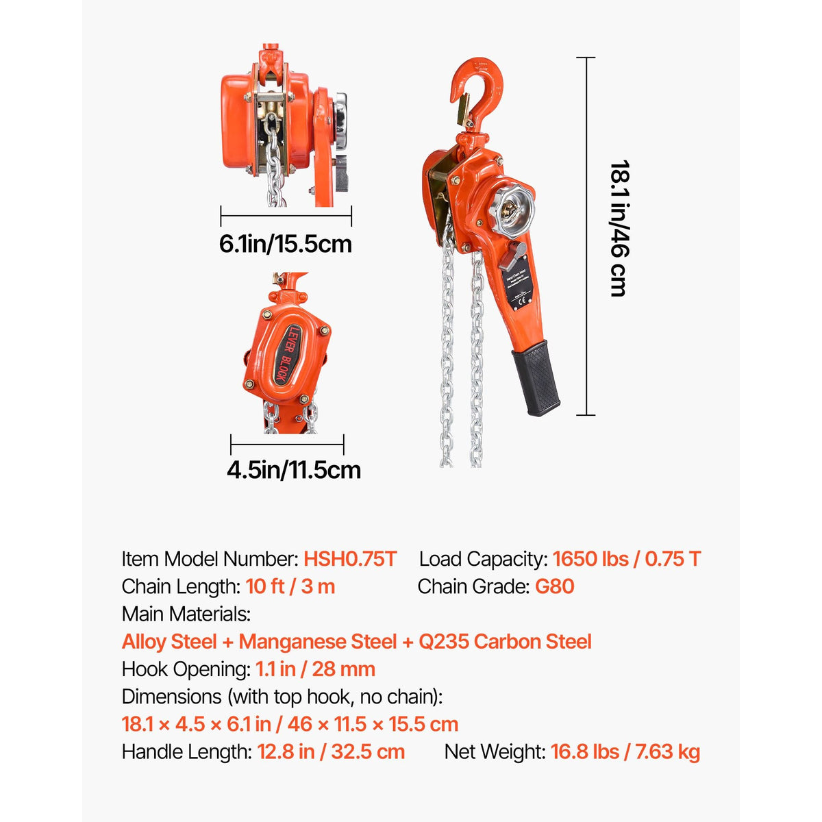 Manual Lever Chain Hoist, 3/4T 1650LBS Capacity Heavy Duty Come Along, 10FT Lift G80 Alloy Steel Chain With Dual Pawl Mechanical Brake,360°Rotating Hooks, for Warehouse Construction Garage