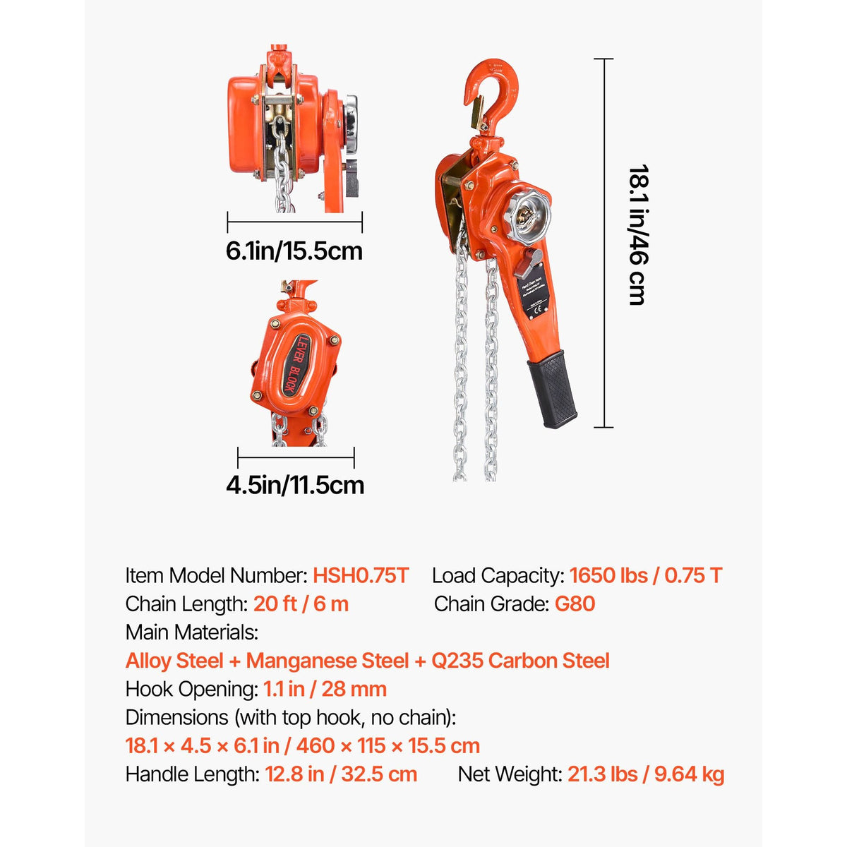 Manual Lever Chain Hoist, 3/4T 1650LBS Capacity Heavy Duty Come Along, 20FT Lift G80 Alloy Steel Chain With Dual Pawl Mechanical Brake,360°Rotating Hooks, for Warehouse Construction Garage