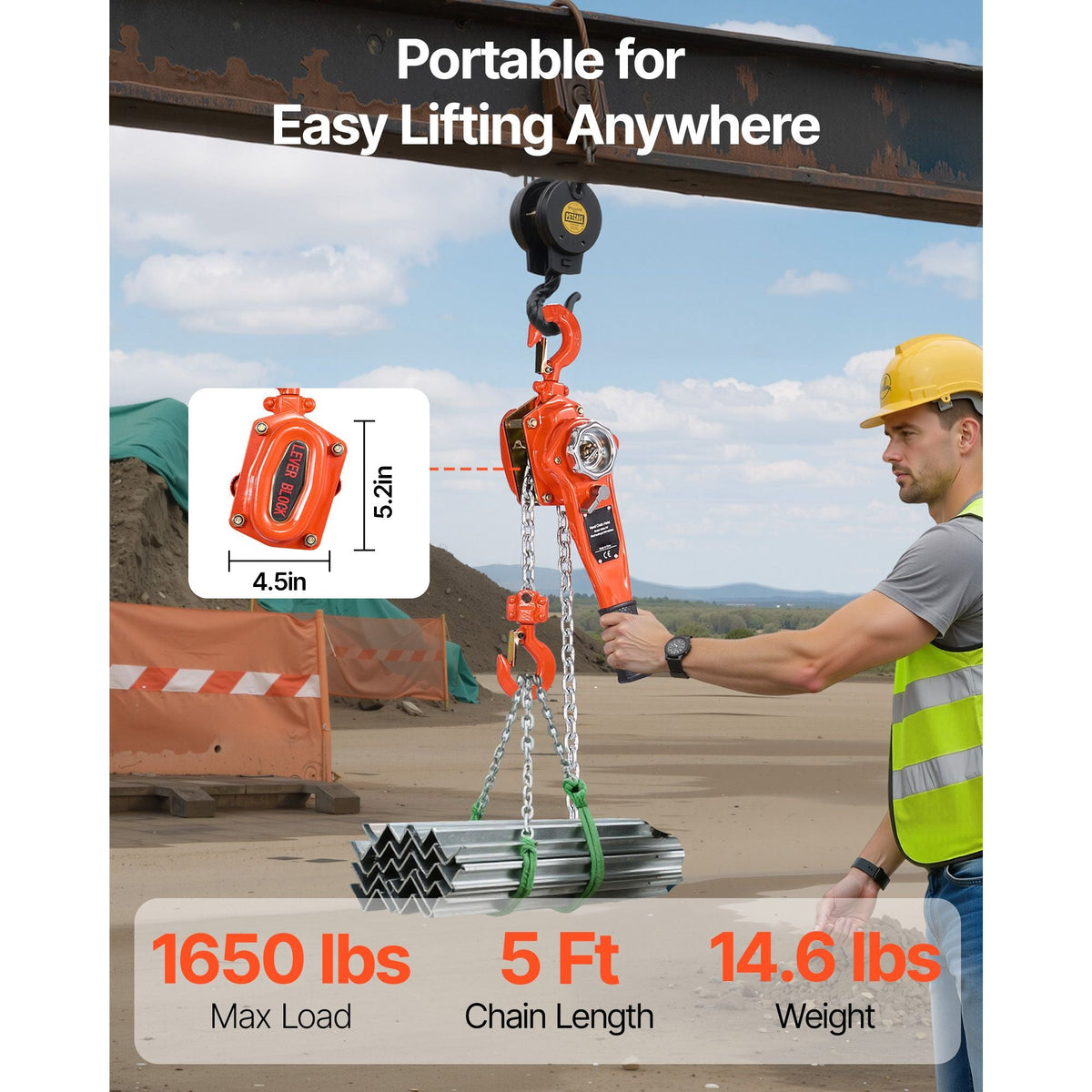 Manual Lever Chain Hoist, 3/4T 1650LBS Capacity Heavy Duty Come Along, 5FT Lift G80 Alloy Steel Chain With Dual Pawl Mechanical Brake,360°Rotating Hooks, for Warehouse Construction Garage