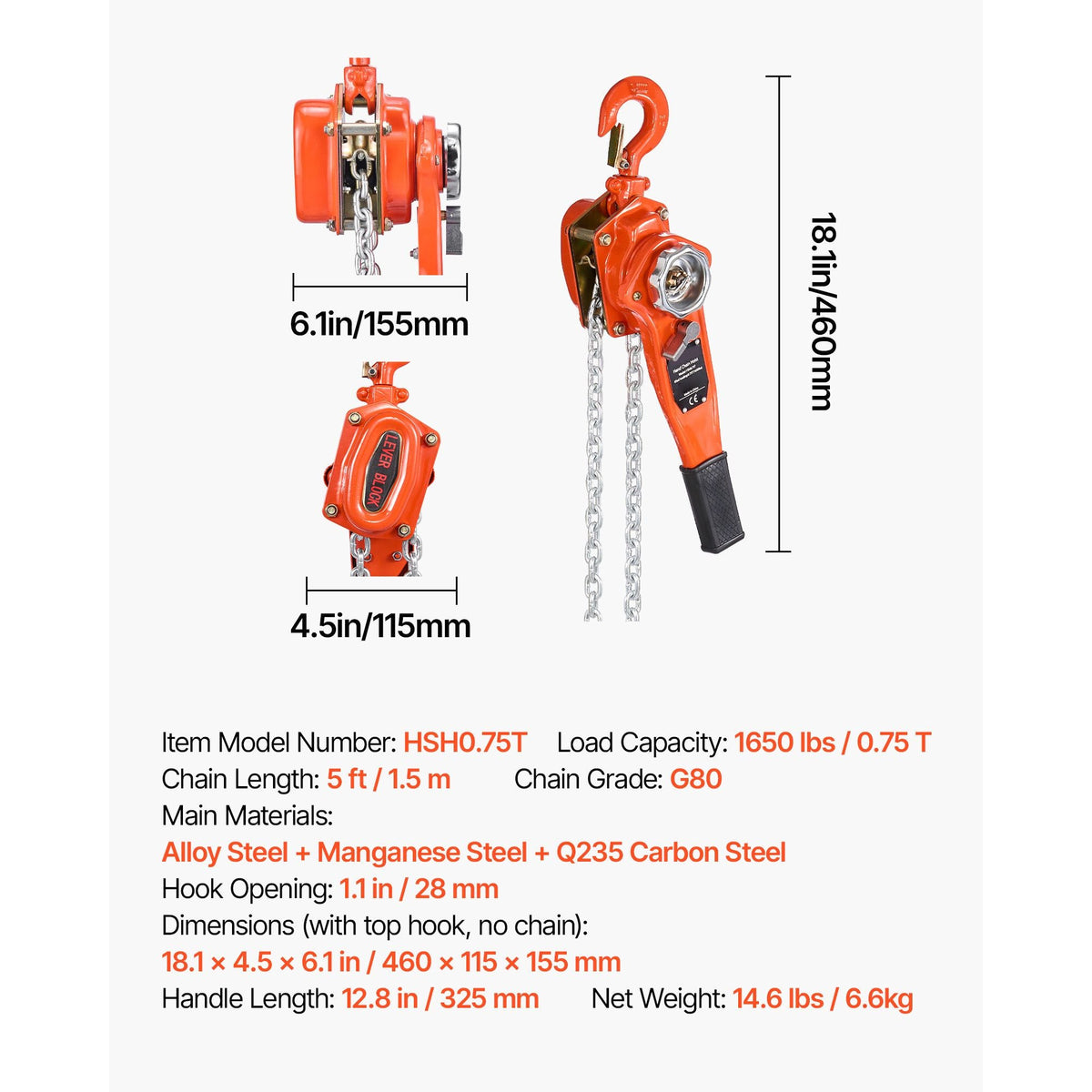 Manual Lever Chain Hoist, 3/4T 1650LBS Capacity Heavy Duty Come Along, 5FT Lift G80 Alloy Steel Chain With Dual Pawl Mechanical Brake,360°Rotating Hooks, for Warehouse Construction Garage