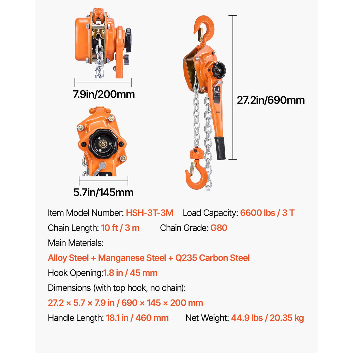 Manual Lever Chain Hoist, 3T 6600LBS Capacity Heavy Duty Come Along, 10FT Lift G80 Alloy Steel Chain With Dual Pawl Mechanical Brake,360°Rotating Hooks, for Warehouse Construction Garage