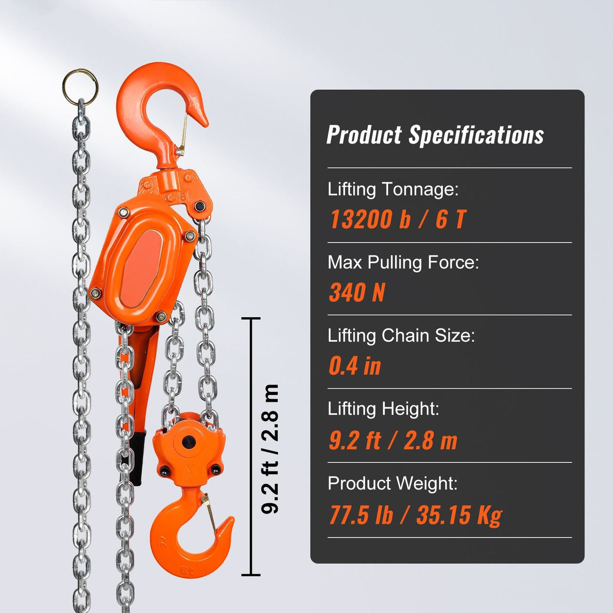 Manual Lever Chain Hoist, 6 Ton 13200 lbs Capacity 10 FT Come Along, G80 Galvanized Carbon Steel with Weston Double-Pawl Brake, Auto Chain Leading & 360° Rotation Hook, for Garage Factory Dock