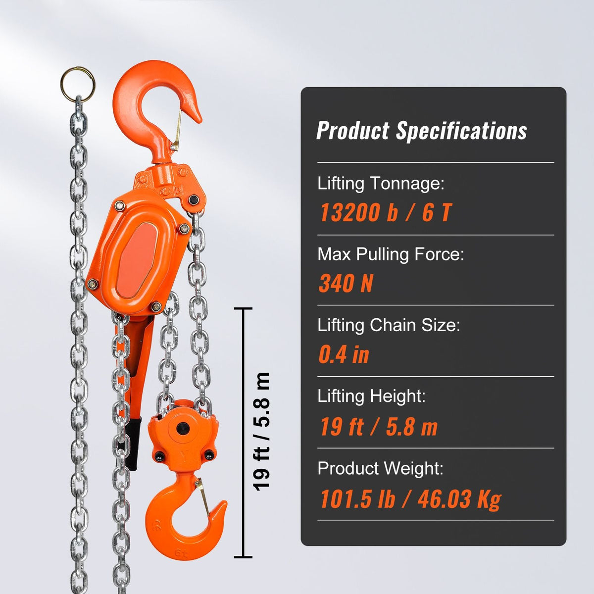 Manual Lever Chain Hoist, 6 Ton 13200 lbs Capacity 20 FT Come Along, G80 Galvanized Carbon Steel with Weston Double-Pawl Brake, Auto Chain Leading & 360° Rotation Hook, for Garage Factory Dock