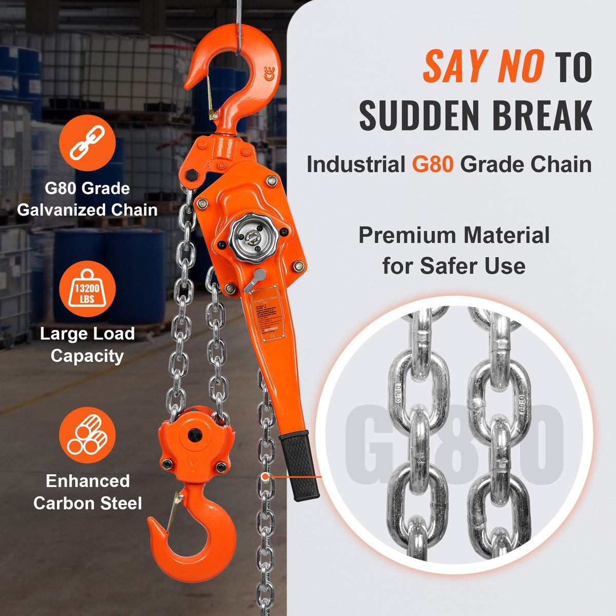 Manual Lever Chain Hoist, 6 Ton 13200 lbs Capacity 20 FT Come Along, G80 Galvanized Carbon Steel with Weston Double-Pawl Brake, Auto Chain Leading & 360° Rotation Hook, for Garage Factory Dock