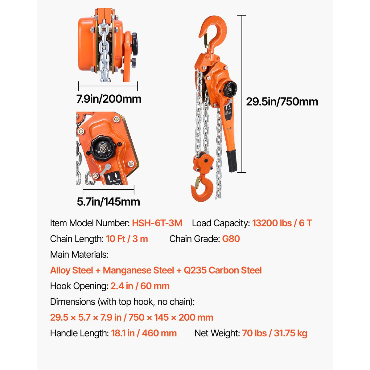 Manual Lever Chain Hoist, 6T 13200LBS Capacity Heavy Duty Come Along, 10FT Lift G80 Alloy Steel Chain With Dual Pawl Mechanical Brake,360°Rotating Hooks, for Warehouse Construction Garage