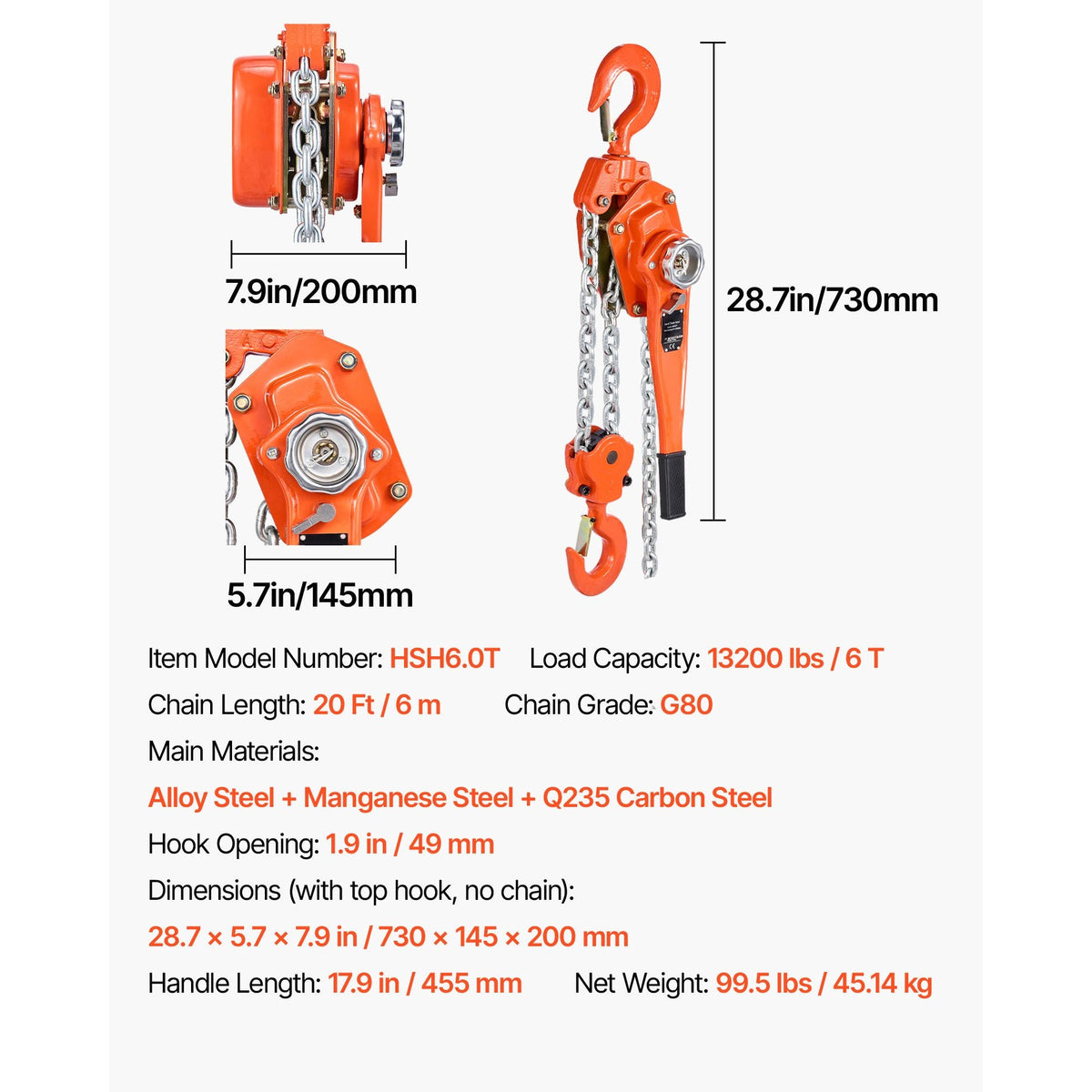 Manual Lever Chain Hoist, 6T 13200LBS Capacity Heavy Duty Come Along, 20FT Lift G80 Alloy Steel Chain With Dual Pawl Mechanical Brake,360°Rotating Hooks, for Warehouse Construction Garage