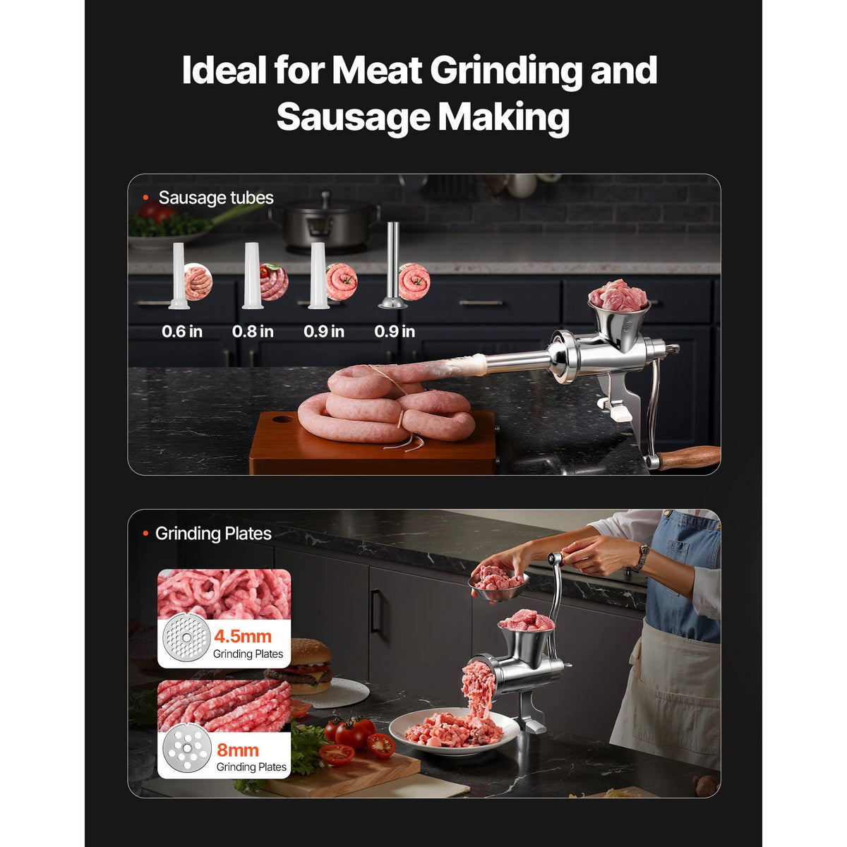 Manual Meat Grinder, 304 Stainless Steel Hand Crank Meat Mincer with Steel Table Clamp, Sausage Stuffer with 2 Cutting Plates & 4 Sausage Tubes, Food Grinder for Beef Chili Pork Kitchen Tabletop