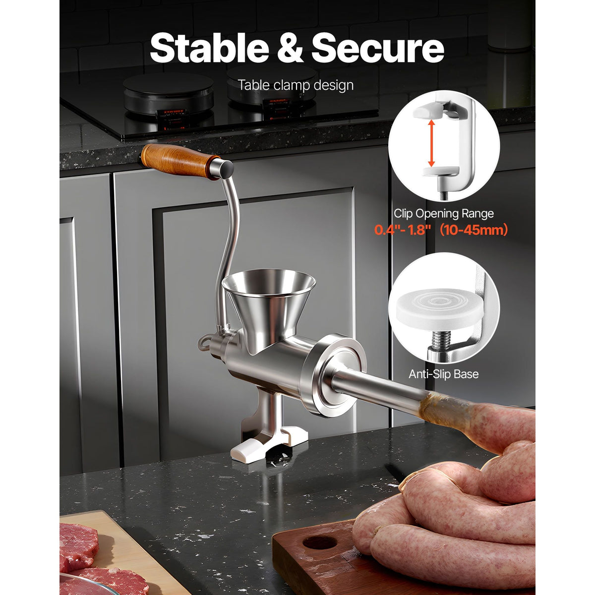 Manual Meat Grinder, 304 Stainless Steel Hand Crank Meat Mincer with Steel Table Clamp, Sausage Stuffer with 2 Cutting Plates & 4 Sausage Tubes, Food Grinder for Beef Chili Pork Kitchen Tabletop