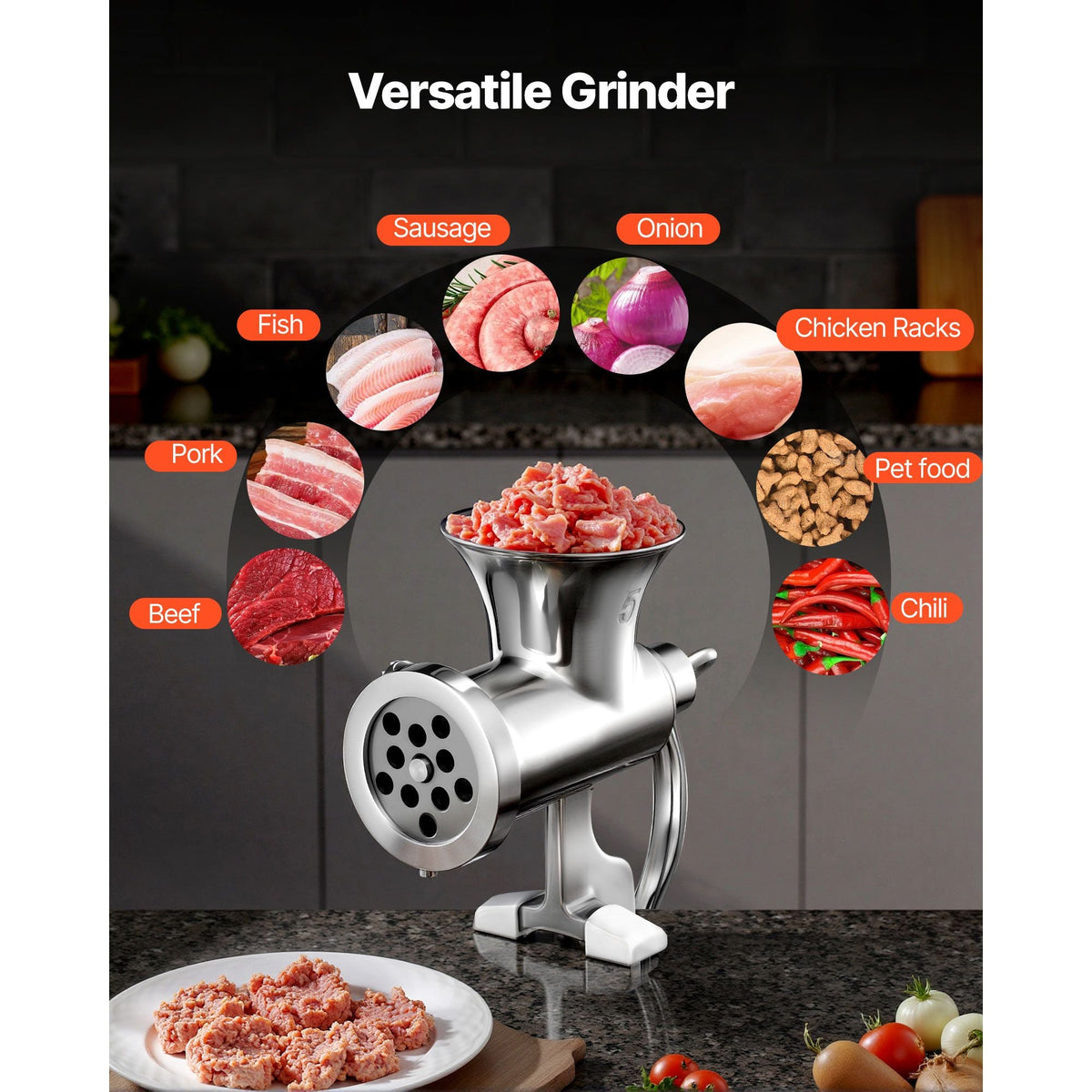 Manual Meat Grinder, 304 Stainless Steel Hand Crank Meat Mincer with Steel Table Clamp, Sausage Stuffer with 2 Cutting Plates & 4 Sausage Tubes, Food Grinder for Beef Chili Pork Kitchen Tabletop