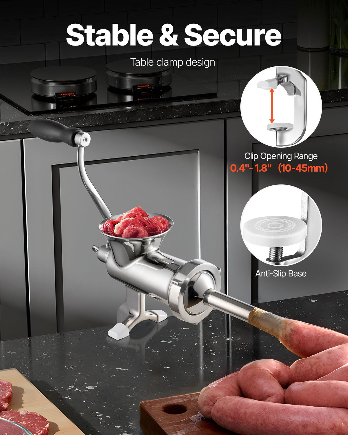 Manual Meat Grinder, 304 Stainless Steel Hand Meat Grinder with Steel Table Clamp, Meat Mincer Sausage Maker & 2 Cutting Plates, Cookie Attachment, Sausage Tube for Beef Pepper Mushroom Cookie