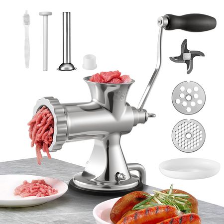 Manual Meat Grinder, 304 Stainless Steel Hand Meat Grinder with Suction Cup + Steel Table Clamp, Meat Mincer Sausage Maker & 2 Cutting Plates, Sausage Tube, Grinding Head for Beef Pepper Cookie