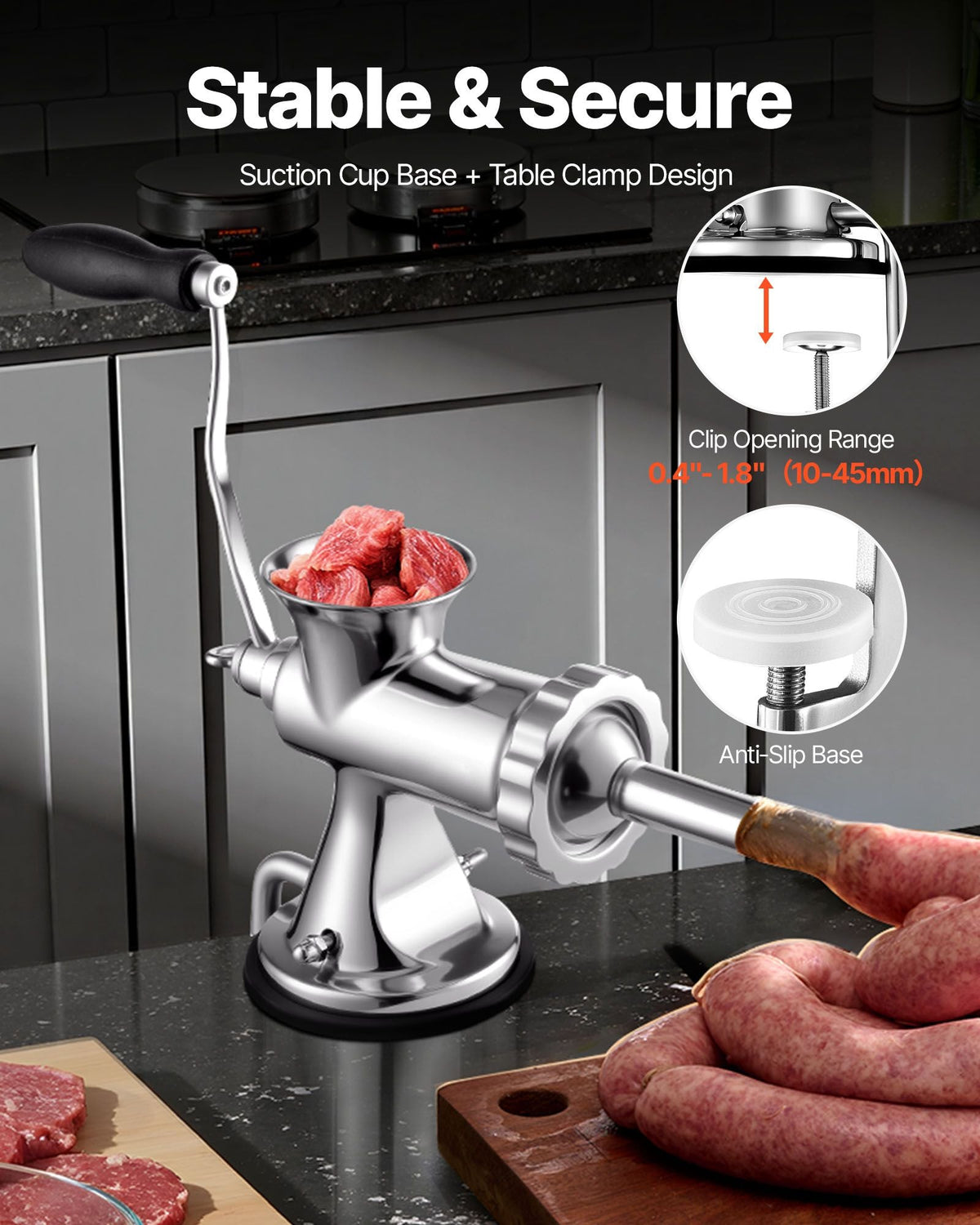 Manual Meat Grinder, 304 Stainless Steel Hand Meat Grinder with Suction Cup + Steel Table Clamp, Meat Mincer Sausage Maker & 2 Cutting Plates, Sausage Tube, Grinding Head for Beef Pepper Cookie