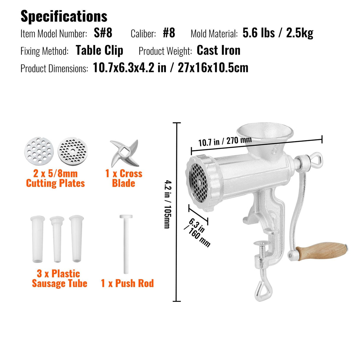 Manual Meat Grinder, Heavy Duty Cast Iron Hand Meat Grinder with Steel Table Clamp, Meat Mincer Sausage Maker with 1 Cutting Blade, 2 Cutting Plates, 3 Sausage Tubes for Beef Pepper Mushroom