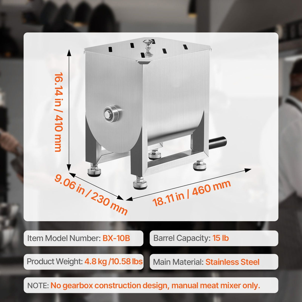 Manual Meat Mixer, 15L Fixed Tank Meat Processing Equipment(Mixing Maximum 15LBS for Meat), Stainless Steel Meat Mixer, Sausage Mixer Machine with Lid and Handle, Ground Beef Hand Mixer