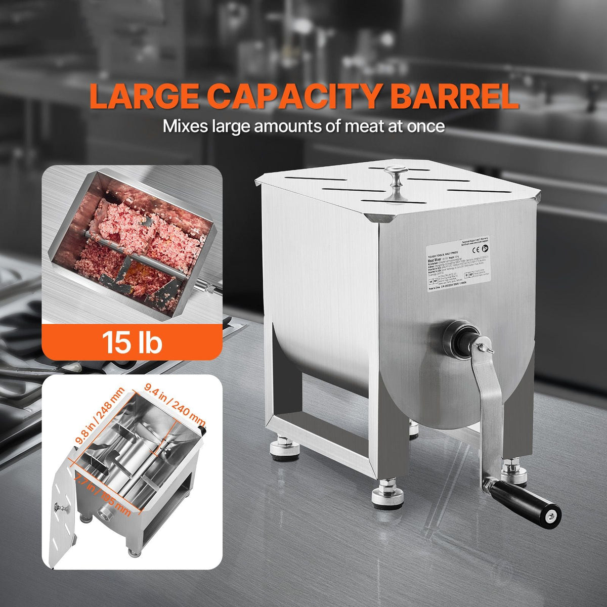 Manual Meat Mixer, 15L Fixed Tank Meat Processing Equipment(Mixing Maximum 15LBS for Meat), Stainless Steel Meat Mixer, Sausage Mixer Machine with Lid and Handle, Ground Beef Hand Mixer
