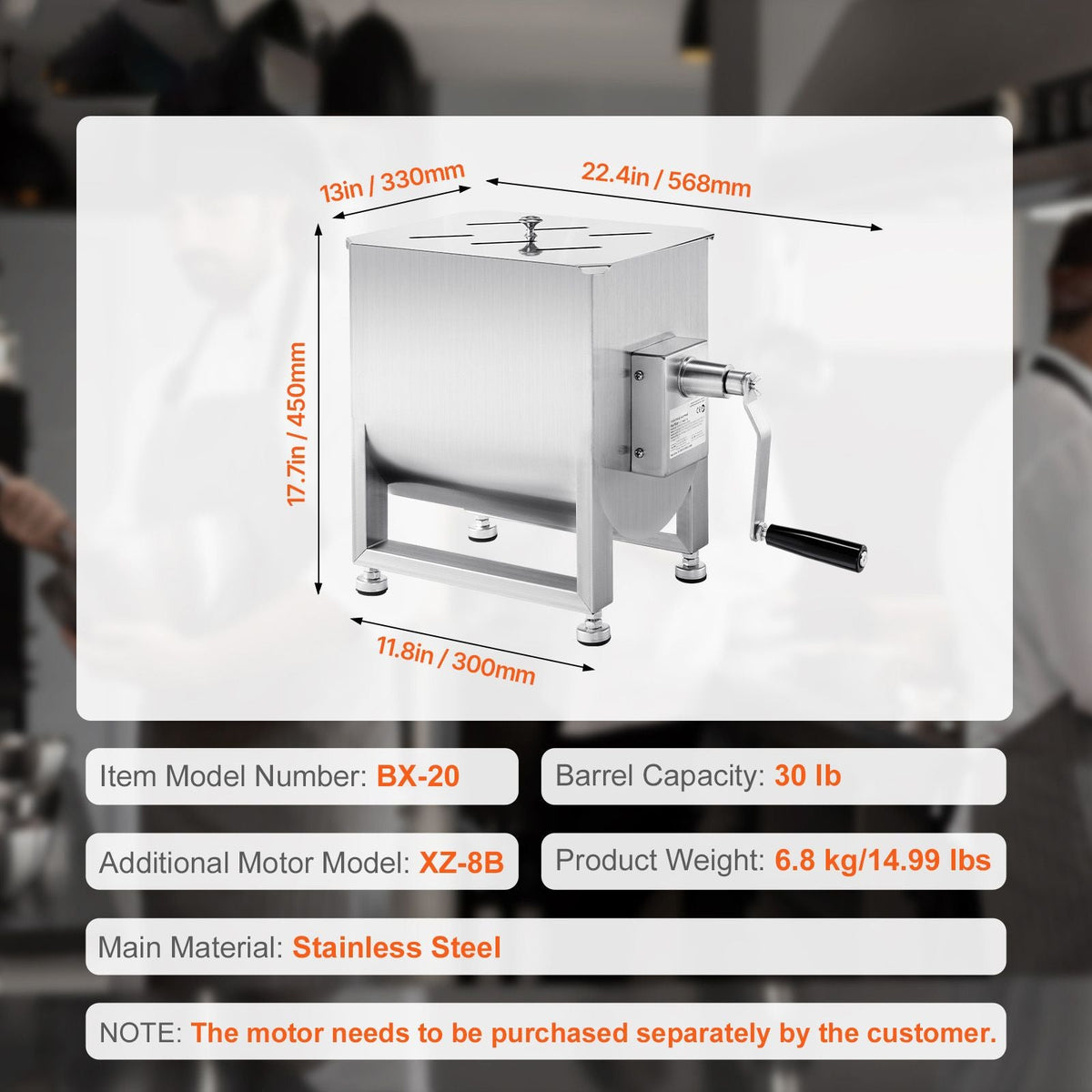 Manual Meat Mixer, 20L Fixed Tank Meat Processing Equipment(Mixing Max 30LBS for Meat), Stainless Steel Meat Mixer, Sausage Mixer Machine with Lid Handle Gear Reducer, Ground Beef Hand Mixer