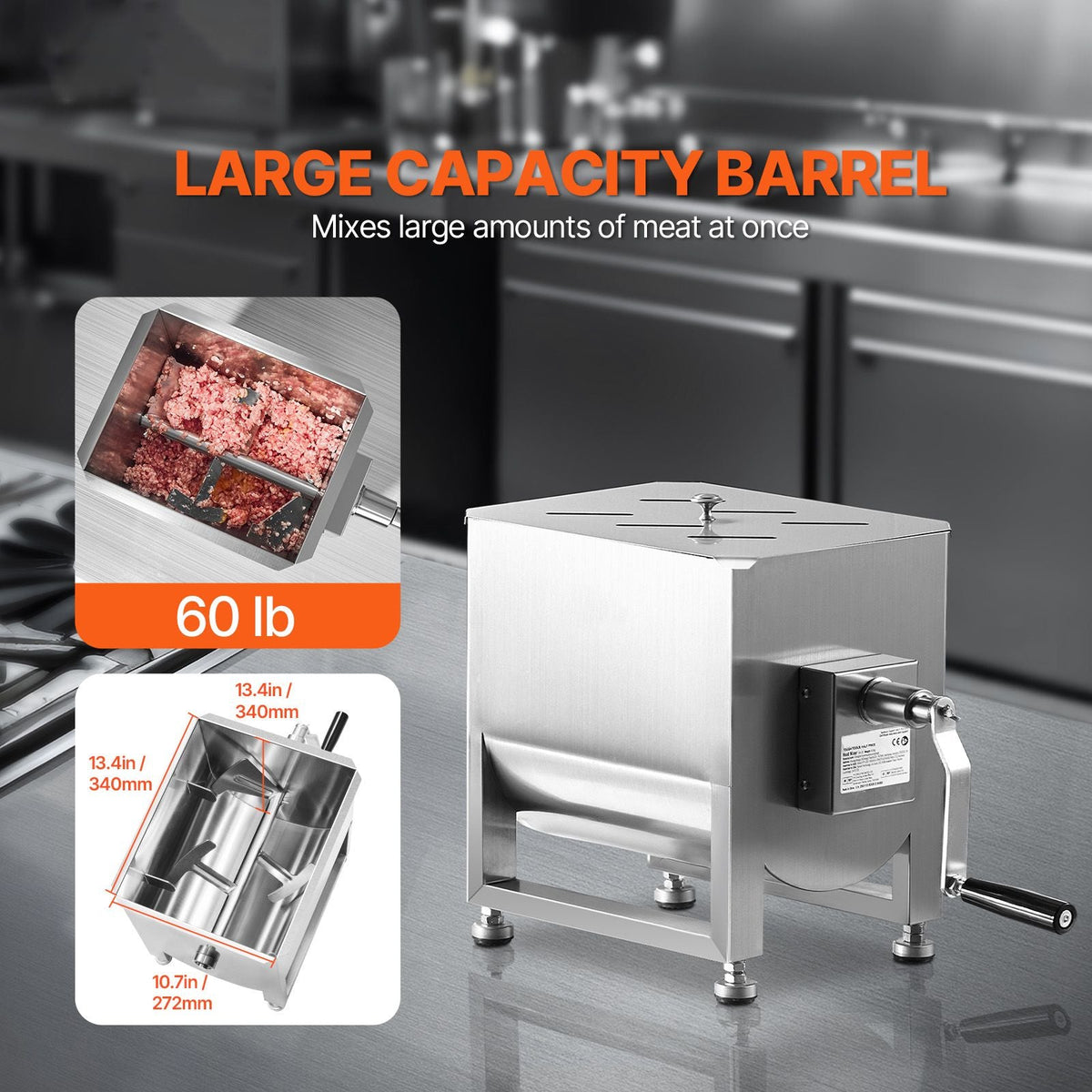 Manual Meat Mixer, 30L Fixed Tank Meat Processing Equipment(Mixing Max 60LBS for Meat), Stainless Steel Meat Mixer, Sausage Mixer Machine with Lid Handle Gear Reducer, Ground Beef Hand Mixer
