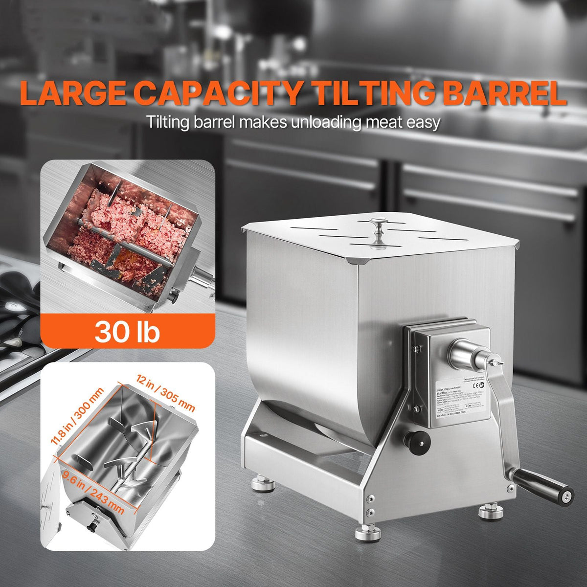 Manual Meat Mixer, 30L Tilt Tank Meat Processing Equipment(Mixing Max 30LBS for Meat), Stainless Steel Meat Mixer, Sausage Mixer Machine with Lid Handle Gear Reducer, Ground Beef Hand Mixer