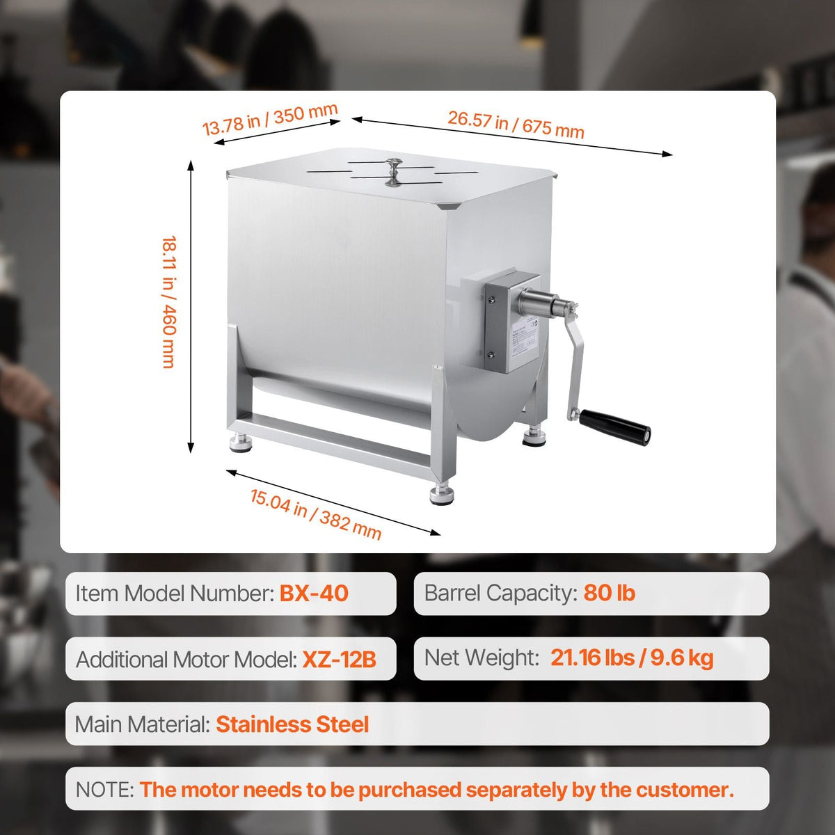 Manual Meat Mixer, 40L Fixed Tank Meat Processing Equipment(Mixing Max 80LBS for Meat), Stainless Steel Meat Mixer, Sausage Mixer Machine with Lid Handle Gear Reducer, Ground Beef Hand Mixer