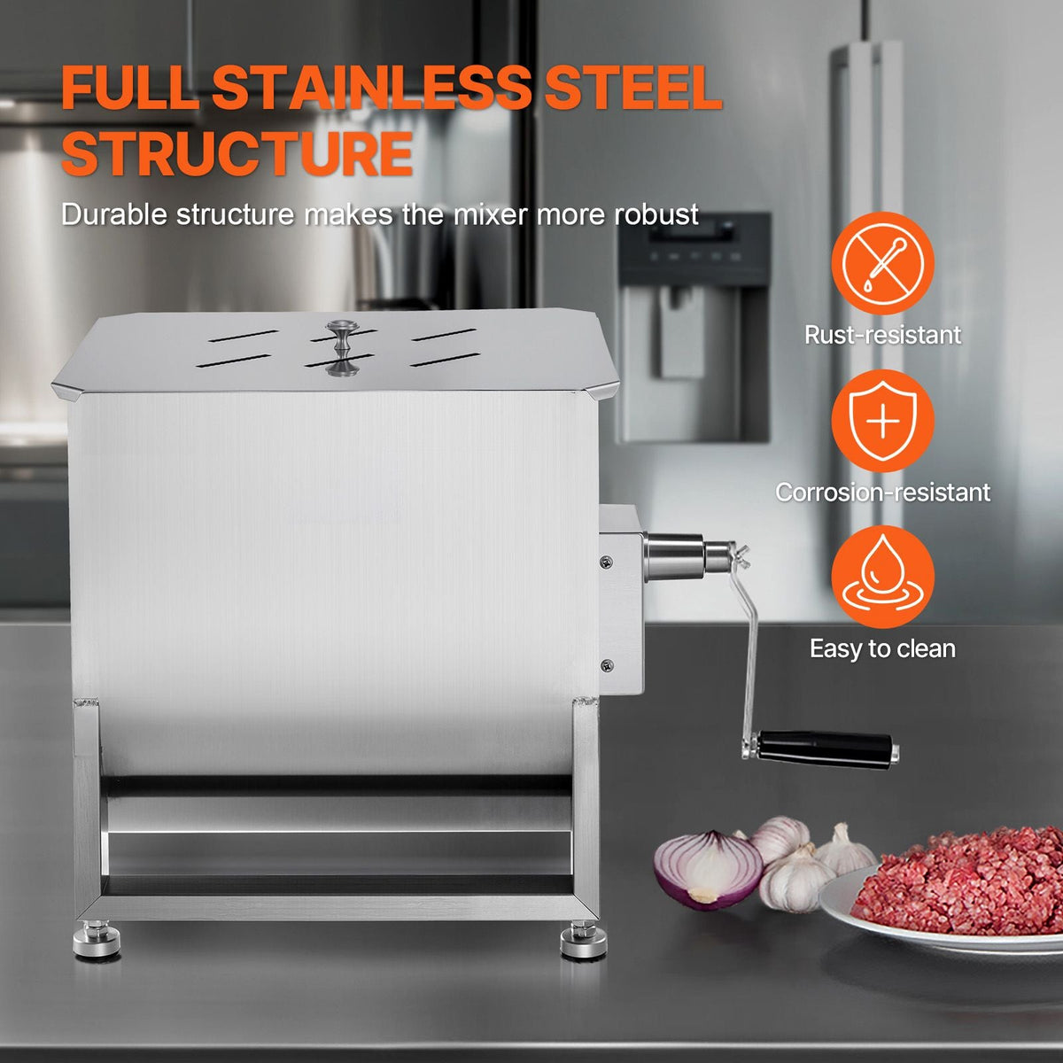 Manual Meat Mixer, 40L Fixed Tank Meat Processing Equipment(Mixing Max 80LBS for Meat), Stainless Steel Meat Mixer, Sausage Mixer Machine with Lid Handle Gear Reducer, Ground Beef Hand Mixer