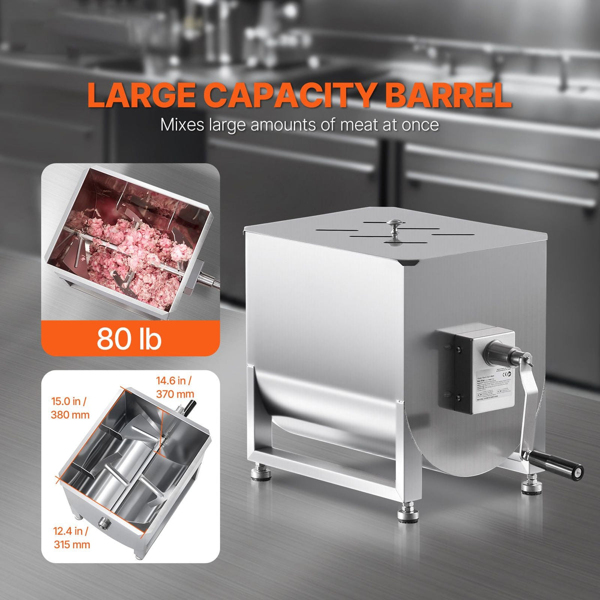 Manual Meat Mixer, 40L Fixed Tank Meat Processing Equipment(Mixing Max 80LBS for Meat), Stainless Steel Meat Mixer, Sausage Mixer Machine with Lid Handle Gear Reducer, Ground Beef Hand Mixer