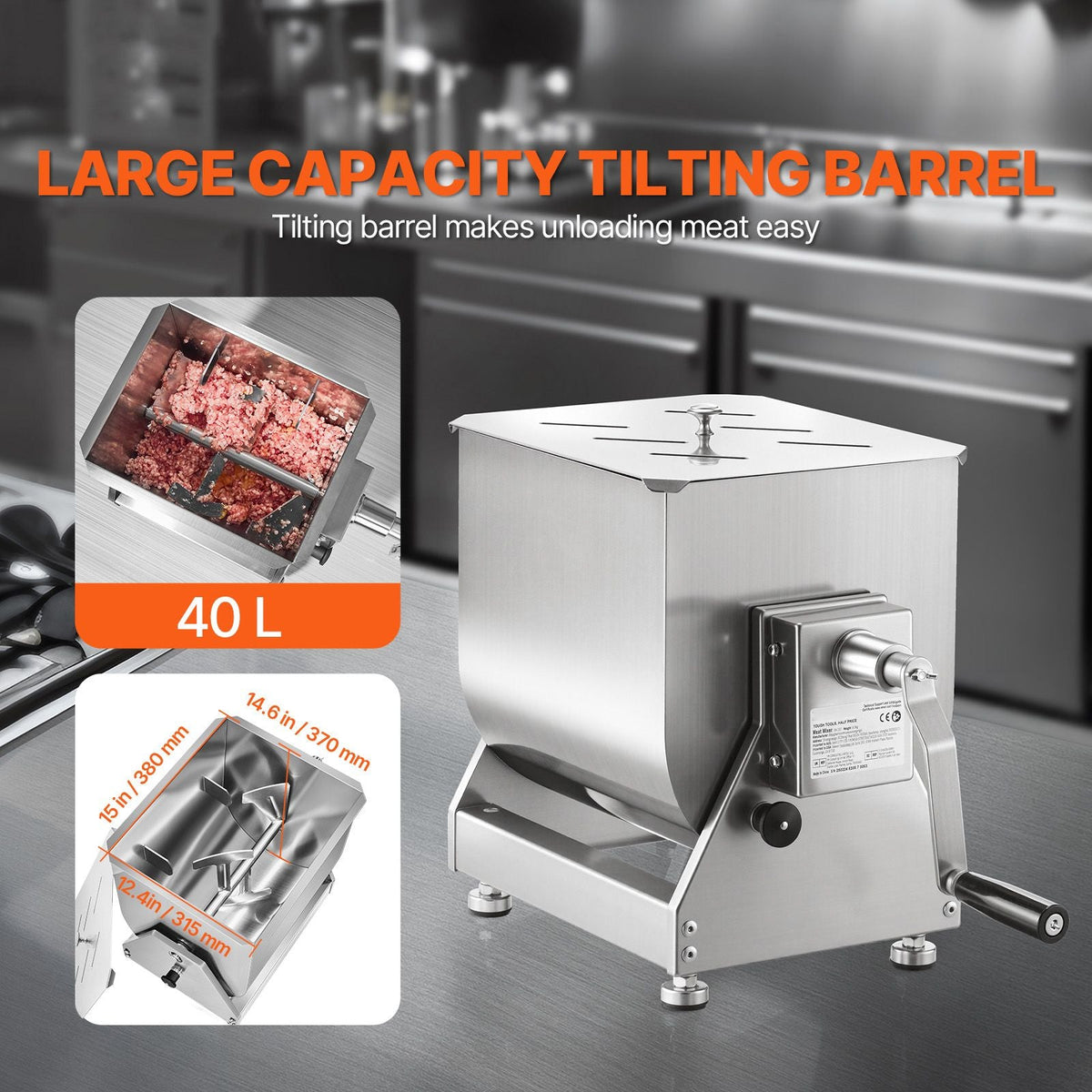 Manual Meat Mixer, 40L Tilt Tank Meat Processing Equipment(Mixing Max 40L for Meat), Stainless Steel Meat Mixer, Sausage Mixer Machine with Lid Handle Gear Reducer, Ground Beef Hand Mixer