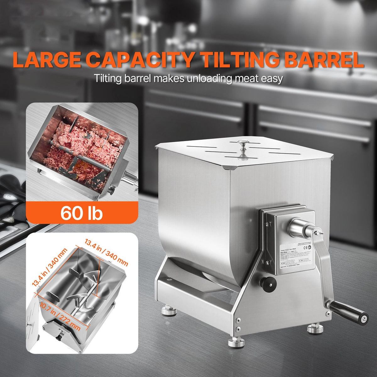 Manual Meat Mixer, 60L Tilt Tank Meat Processing Equipment(Mixing Max 60LBS for Meat), Stainless Steel Meat Mixer, Sausage Mixer Machine with Lid Handle Gear Reducer, Ground Beef Hand Mixer
