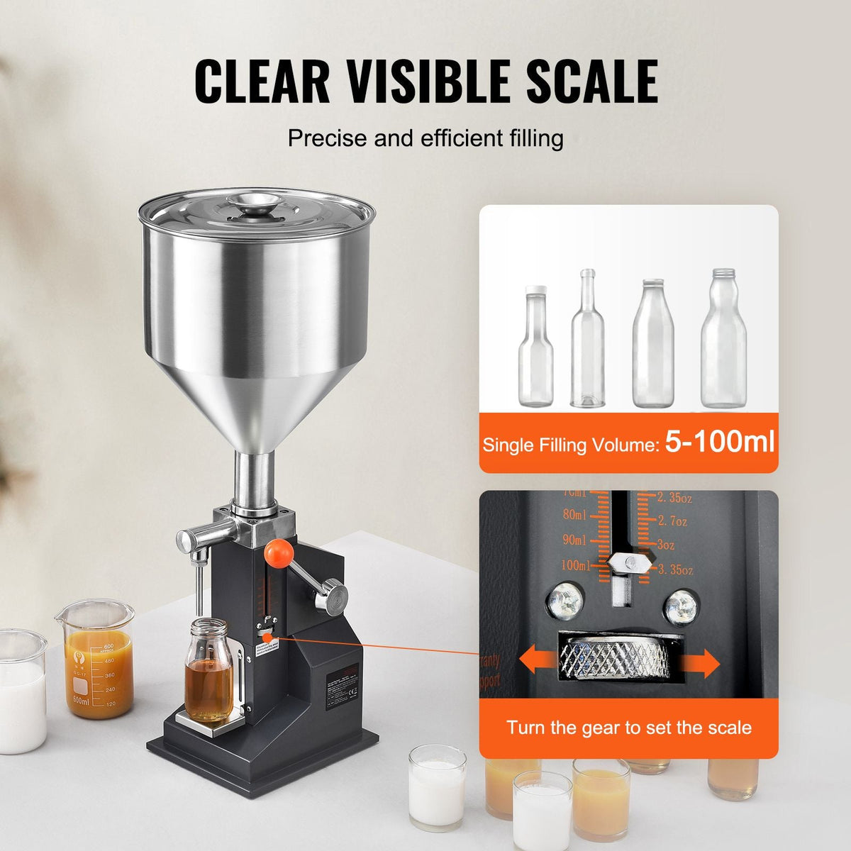 Manual Paste Liquid Filling Machine, 5-100ml Bottle Filler, Adjustable Bottle Filling Machine, Stainless Steel Liquid Filler with Hopper for Milk Water Juice Essential Oil Shampoo Cosmetic Honey